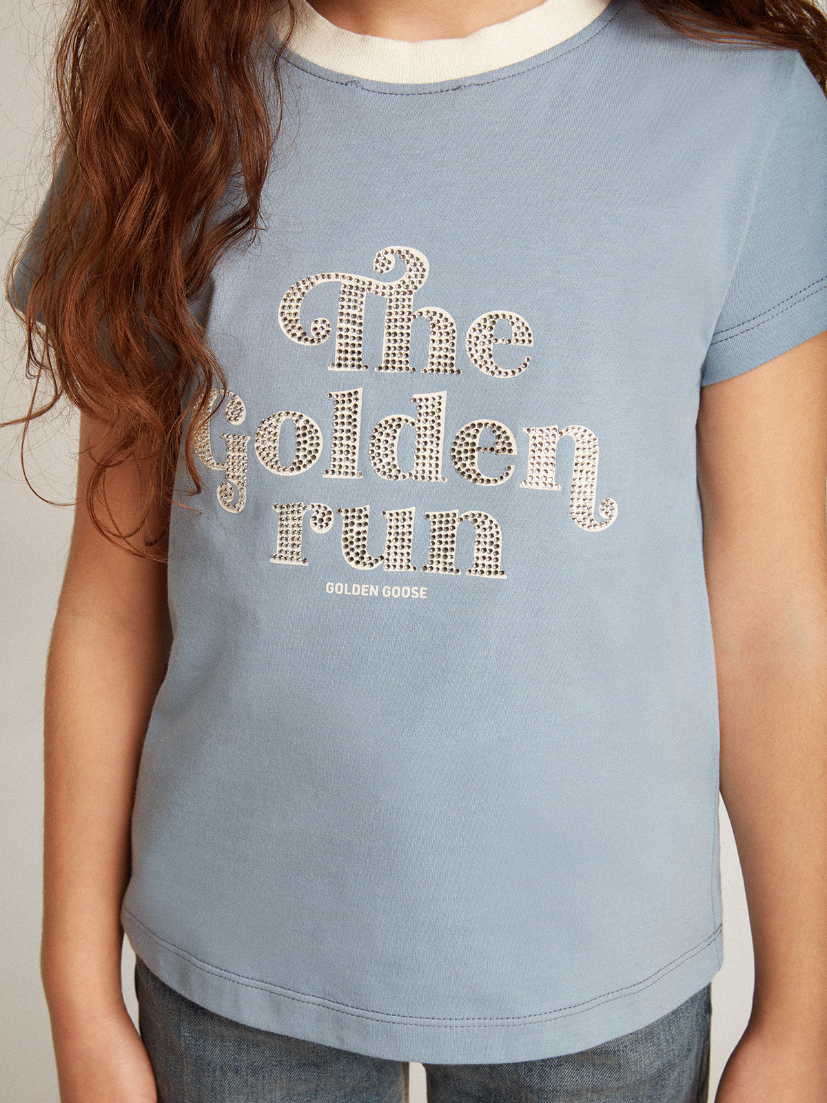 Girls' light blue cotton T-shirt with print and crystals| Golden Goose