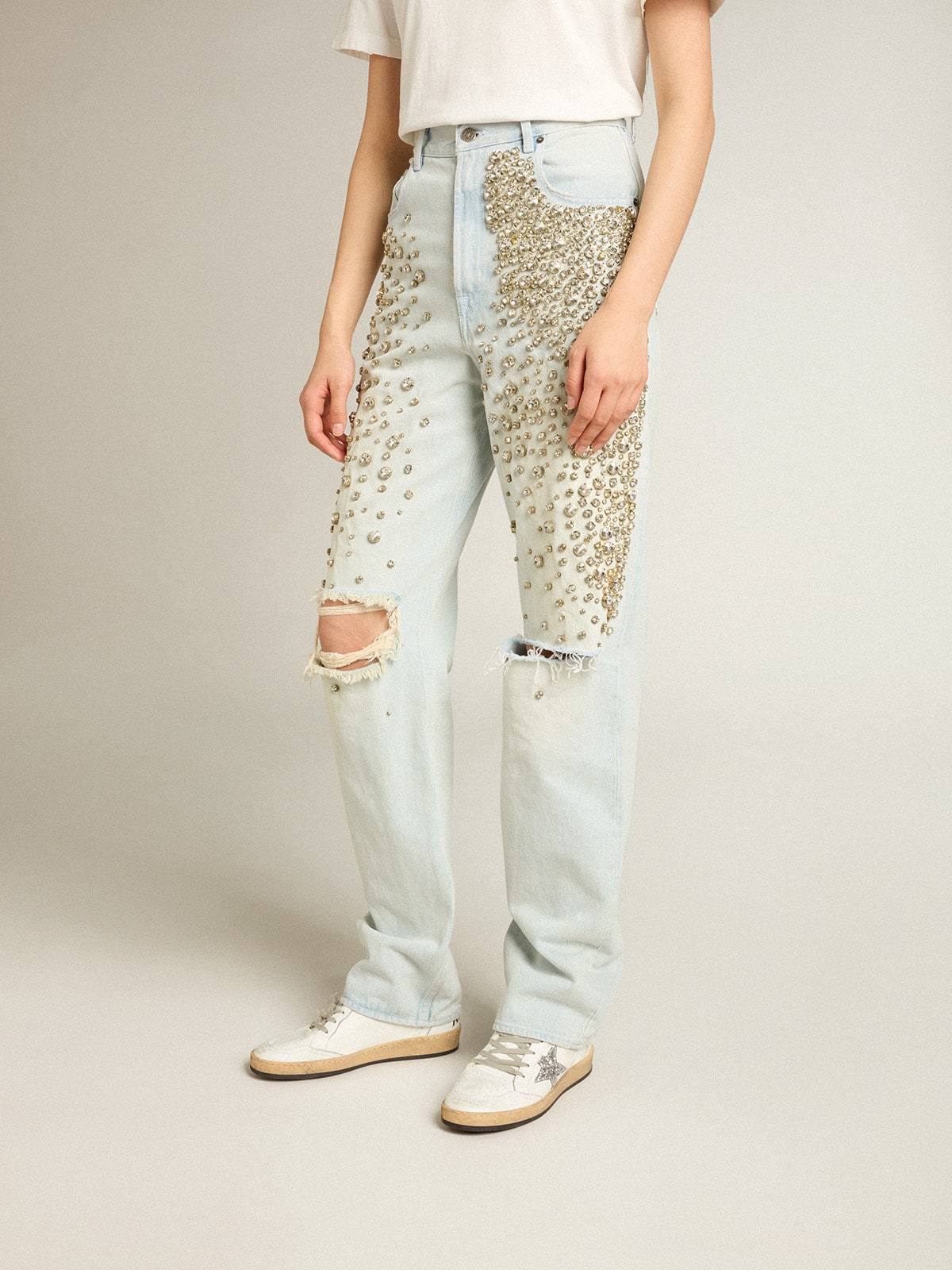 Women's bleached jeans with cabochon crystals| Golden Goose