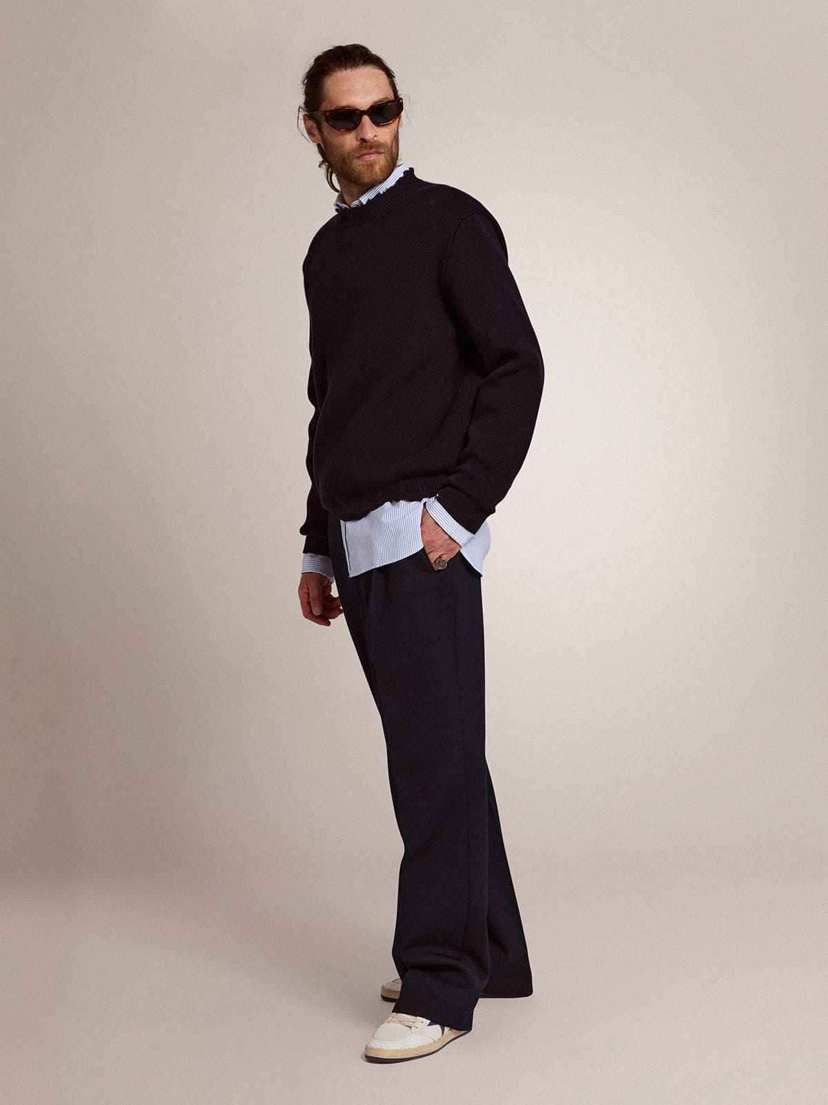 Men's round-neck sweater in dark blue cotton| Golden Goose
