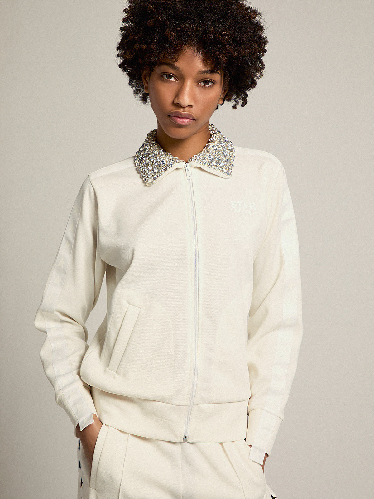 Papyrus white Denise Star Collection zipped sweatshirt with crystal collar| Golden Goose