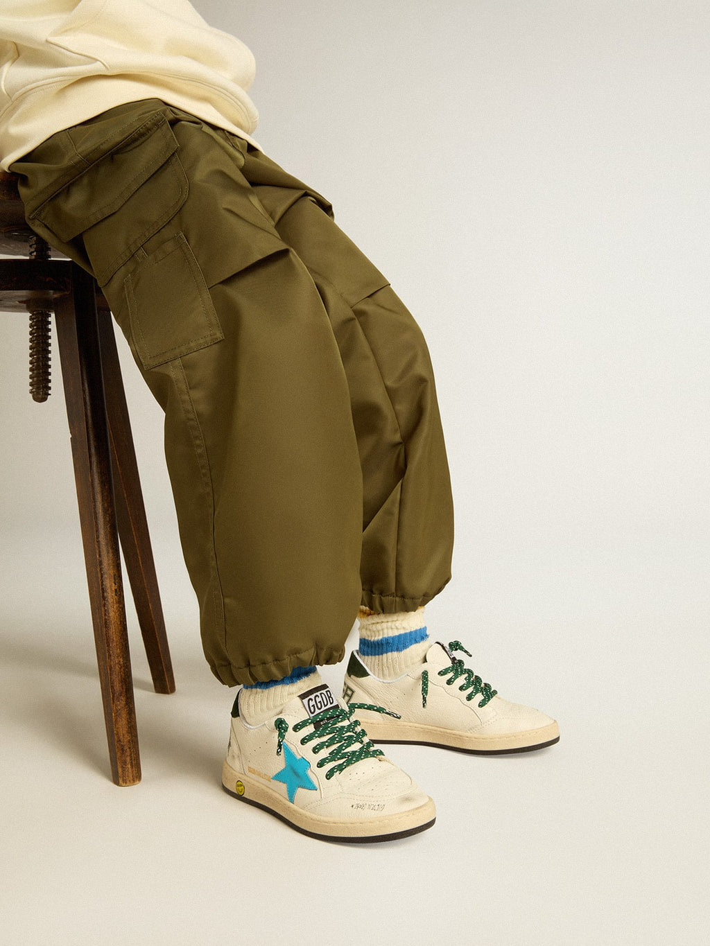 Junior Ball Star with turquoise star and green suede heel tab| Golden Goose