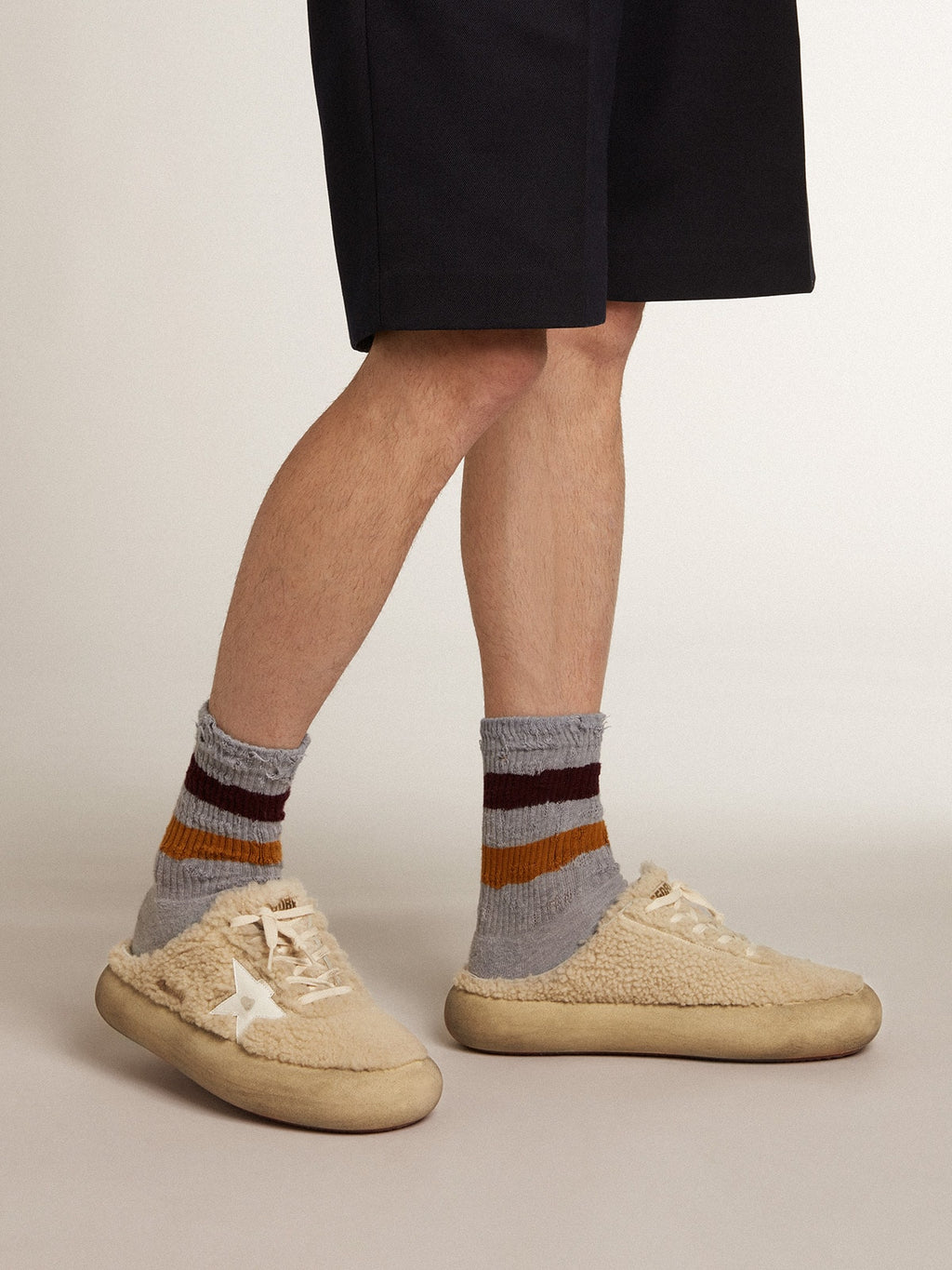 Men's Space-Star Sabots in beige shearling with white leather star| Golden Goose