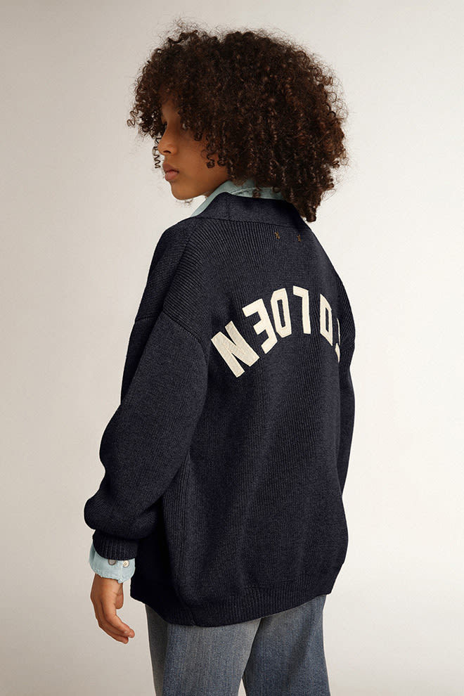 Dark blue cotton cardigan with logo on the back| Golden Goose