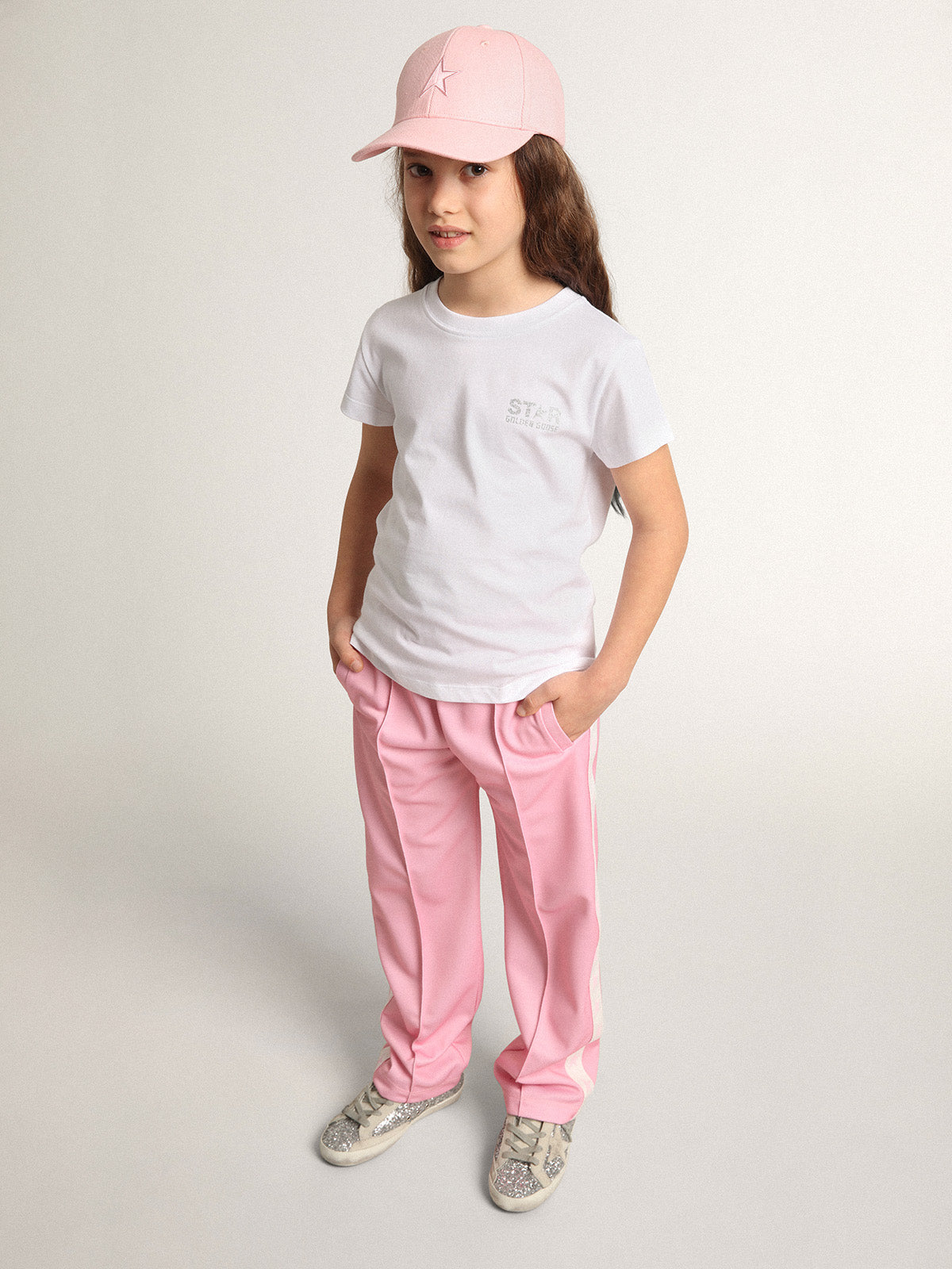 White and silver T-shirt with logo and maxi star in silver glitter| Golden Goose