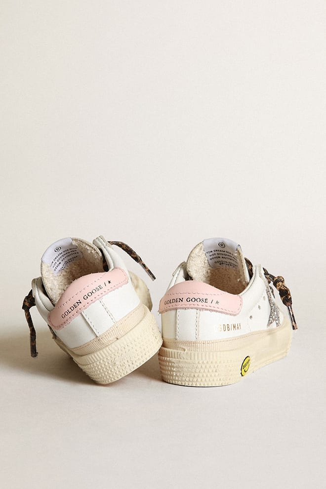 May sneakers with silver glitter star and pink leather heel tab| Golden Goose