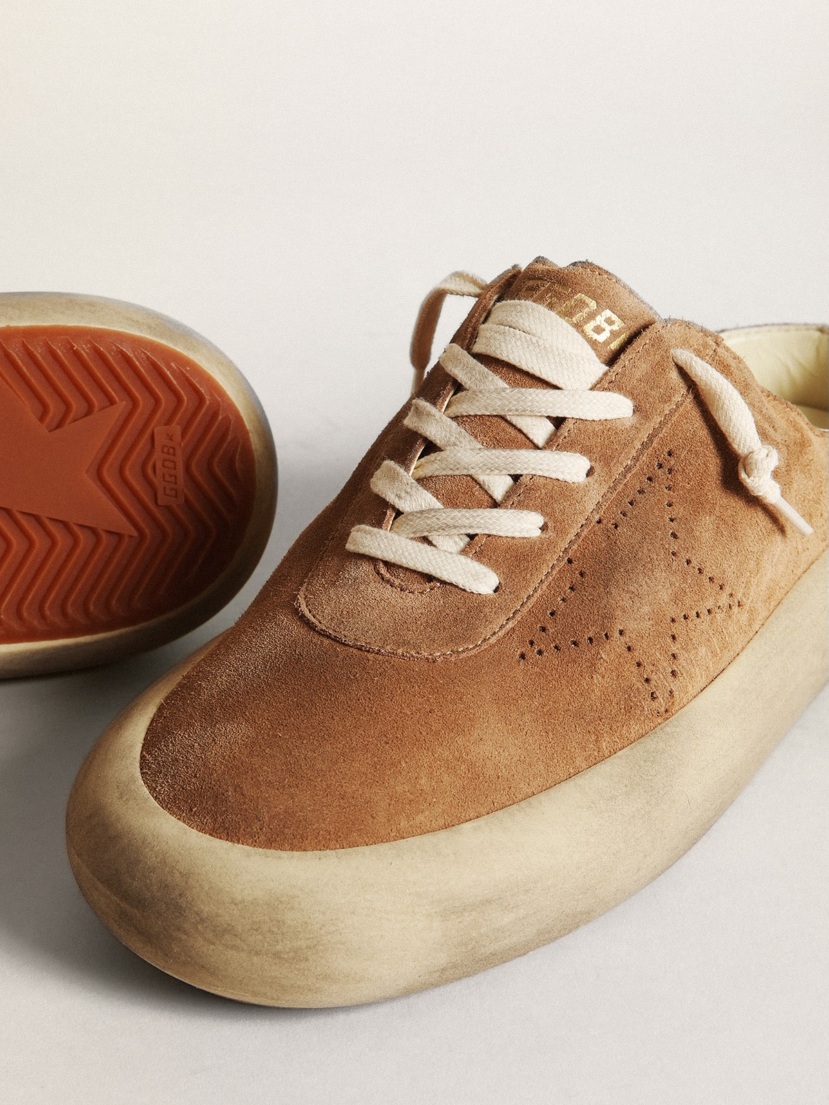 Men's Space-Star Sabots in tobacco suede with perforated star| Golden Goose
