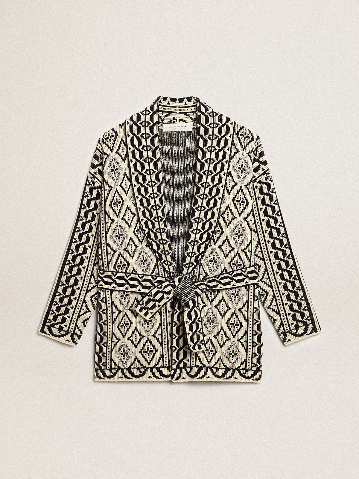 Cardigan in papyrus-colored wool with jacquard motif and crystals| Golden Goose