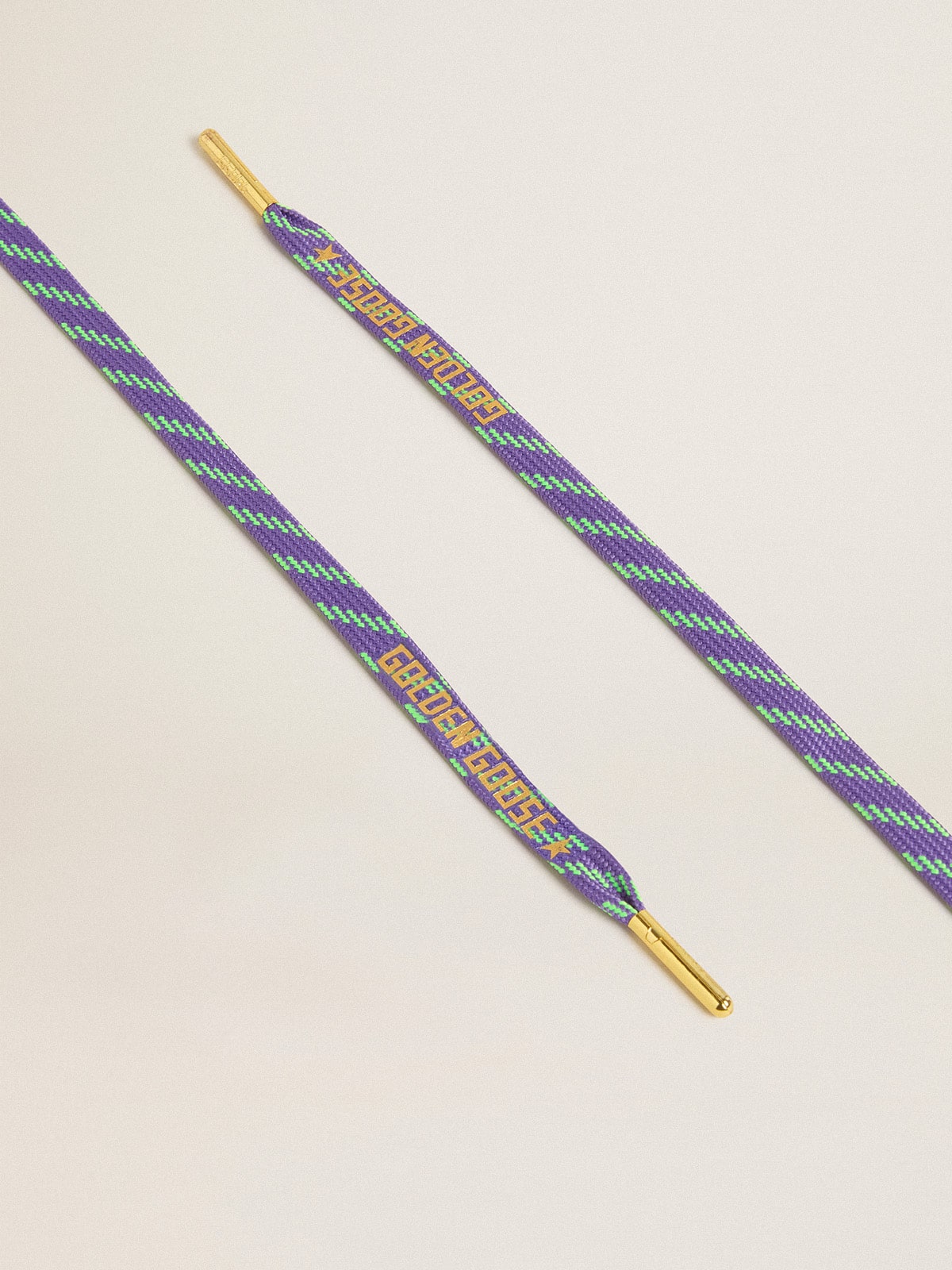 Neon green and purple cotton laces with contrast gold lettering| Golden Goose