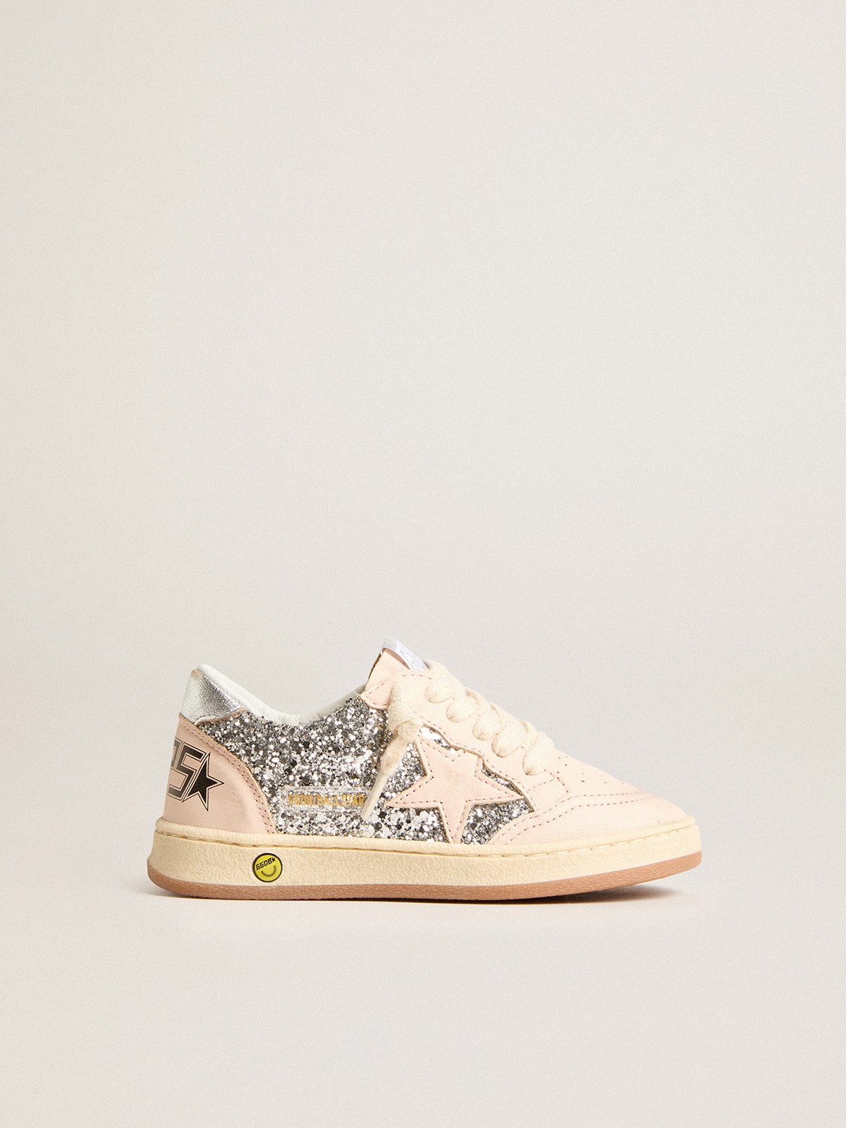 Young Ball Star in glitter with silver metallic leather heel tab| Golden Goose