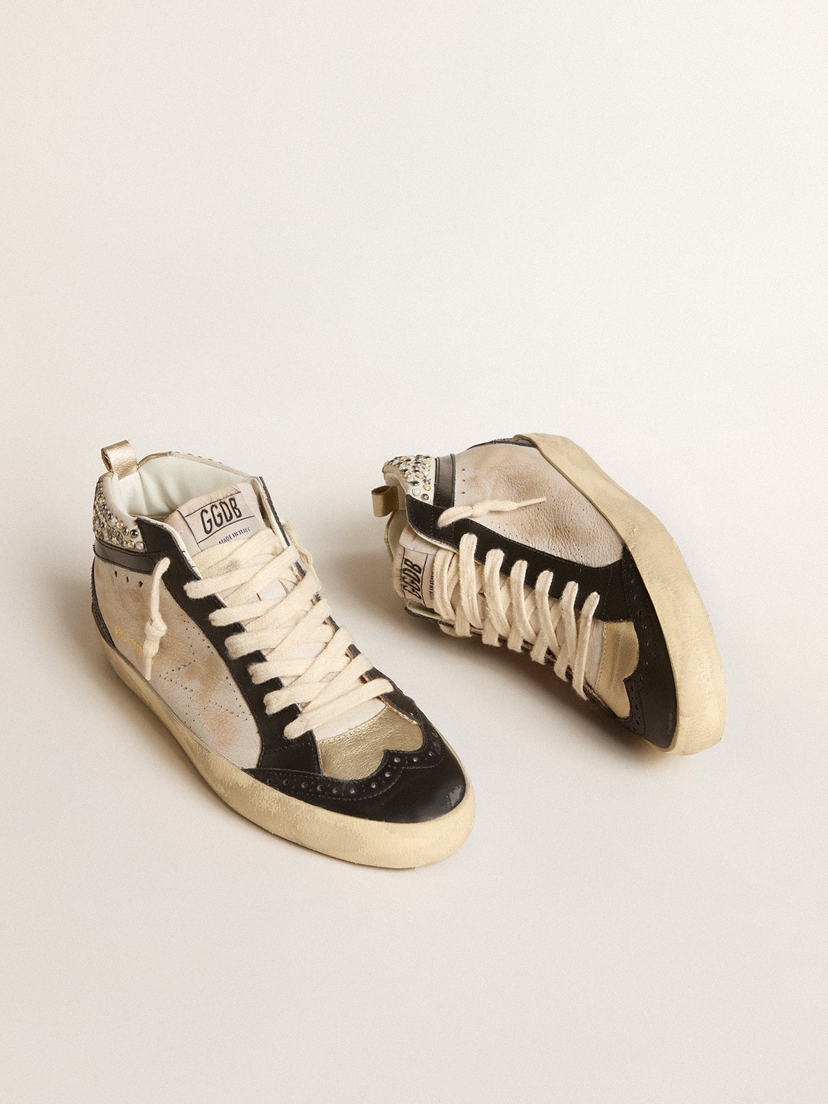 Women's Mid Star LTD in black and white leather with pearls and perforated star| Golden Goose