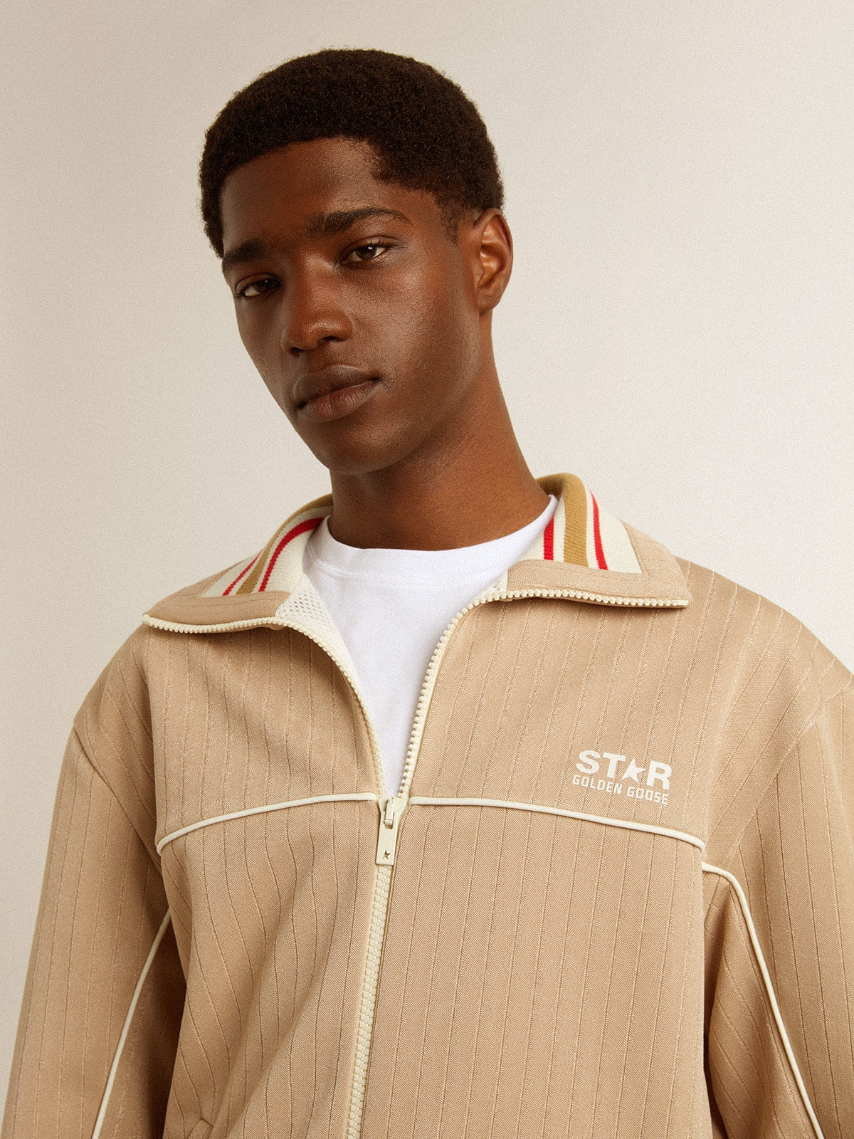 Men's light beige zipped sweatshirt with white logo| Golden Goose