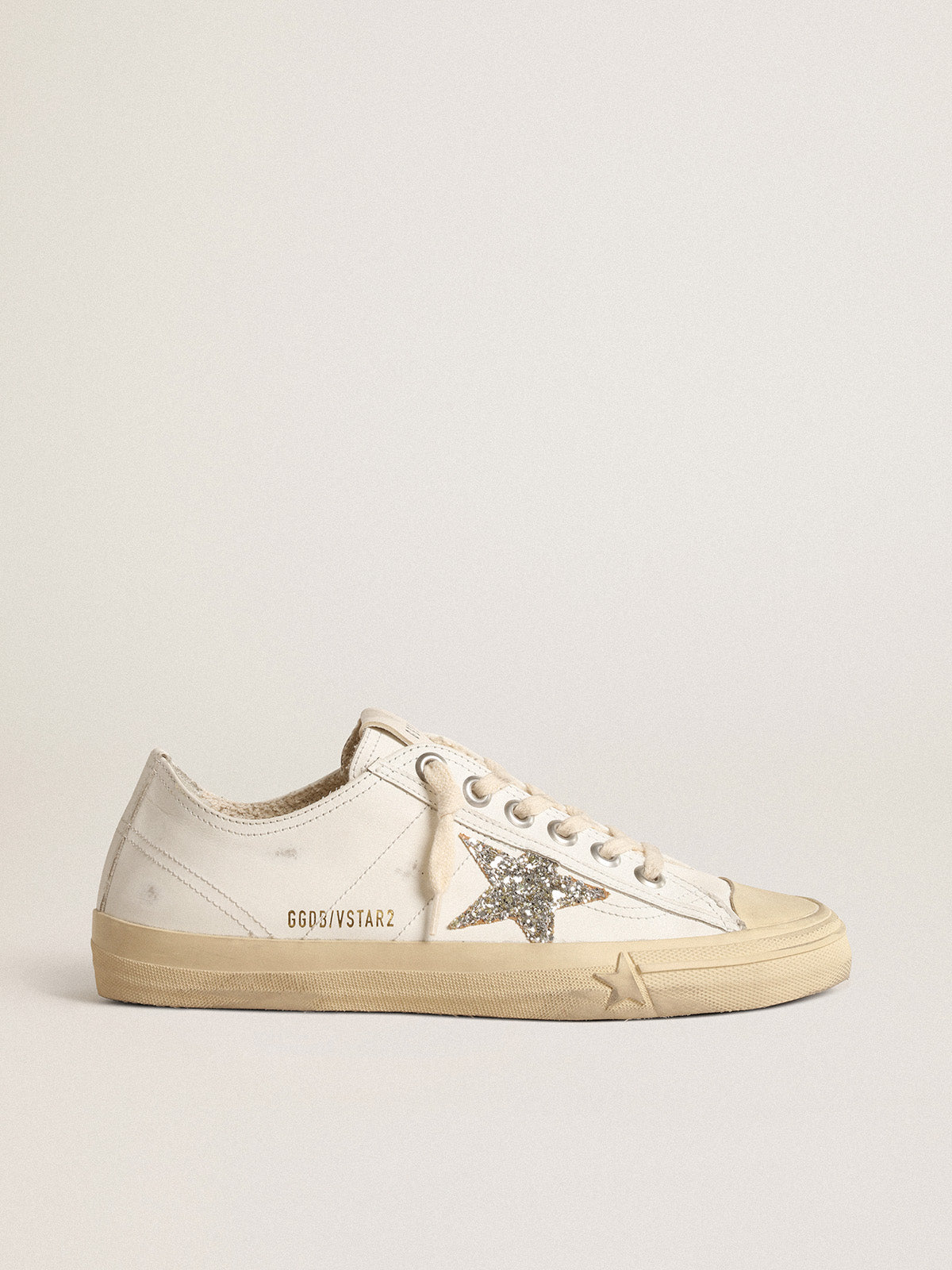 V-Star in white leather with a platinum glitter star| Golden Goose