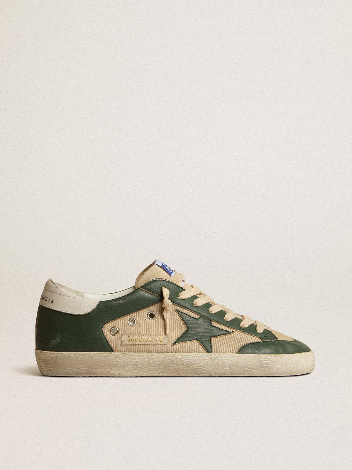 Super-Star LTD in cream mesh and green nappa with nappa star| Golden Goose