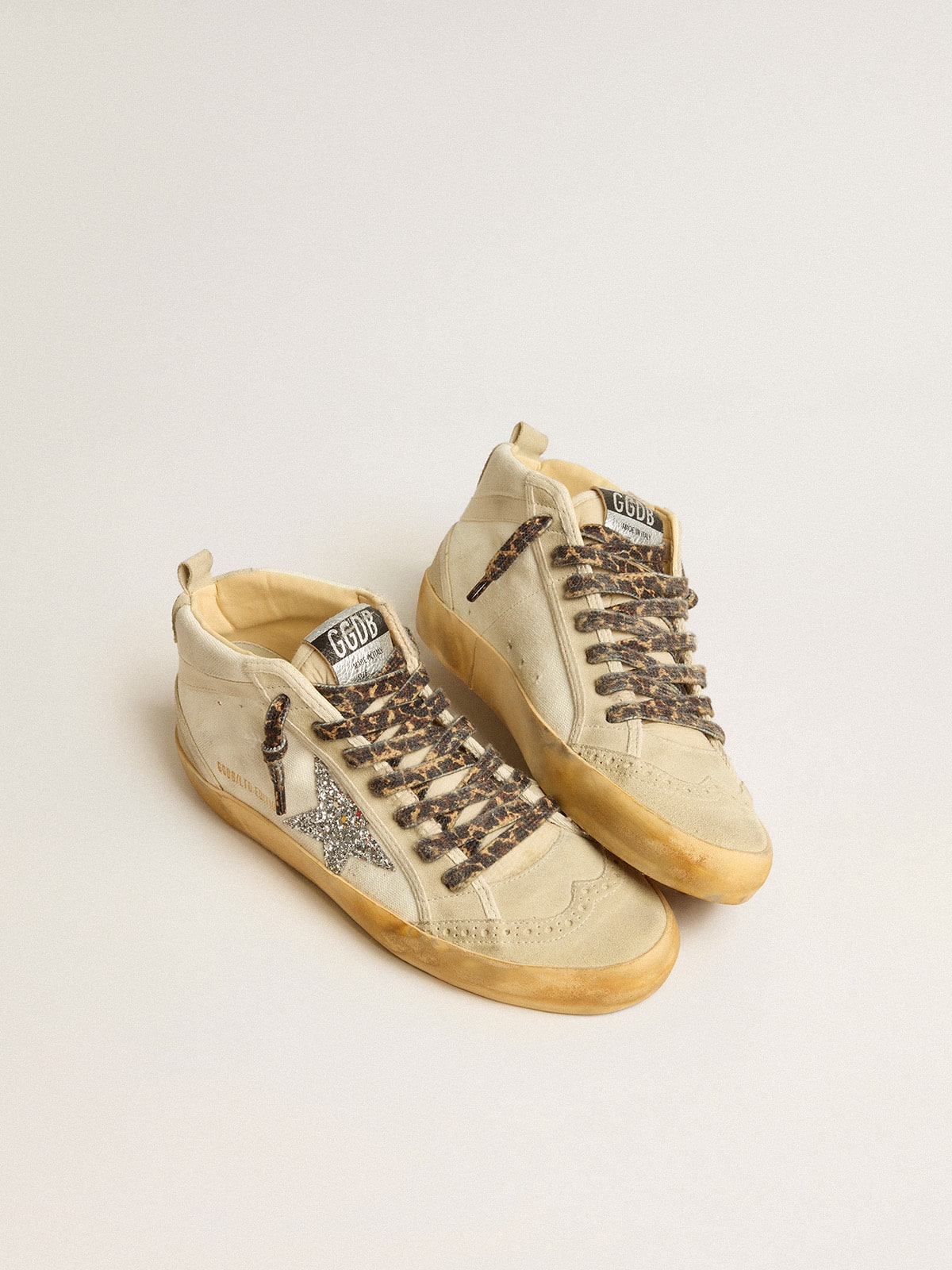 Women's Mid Star in canvas with silver glitter star and beige flash| Golden Goose
