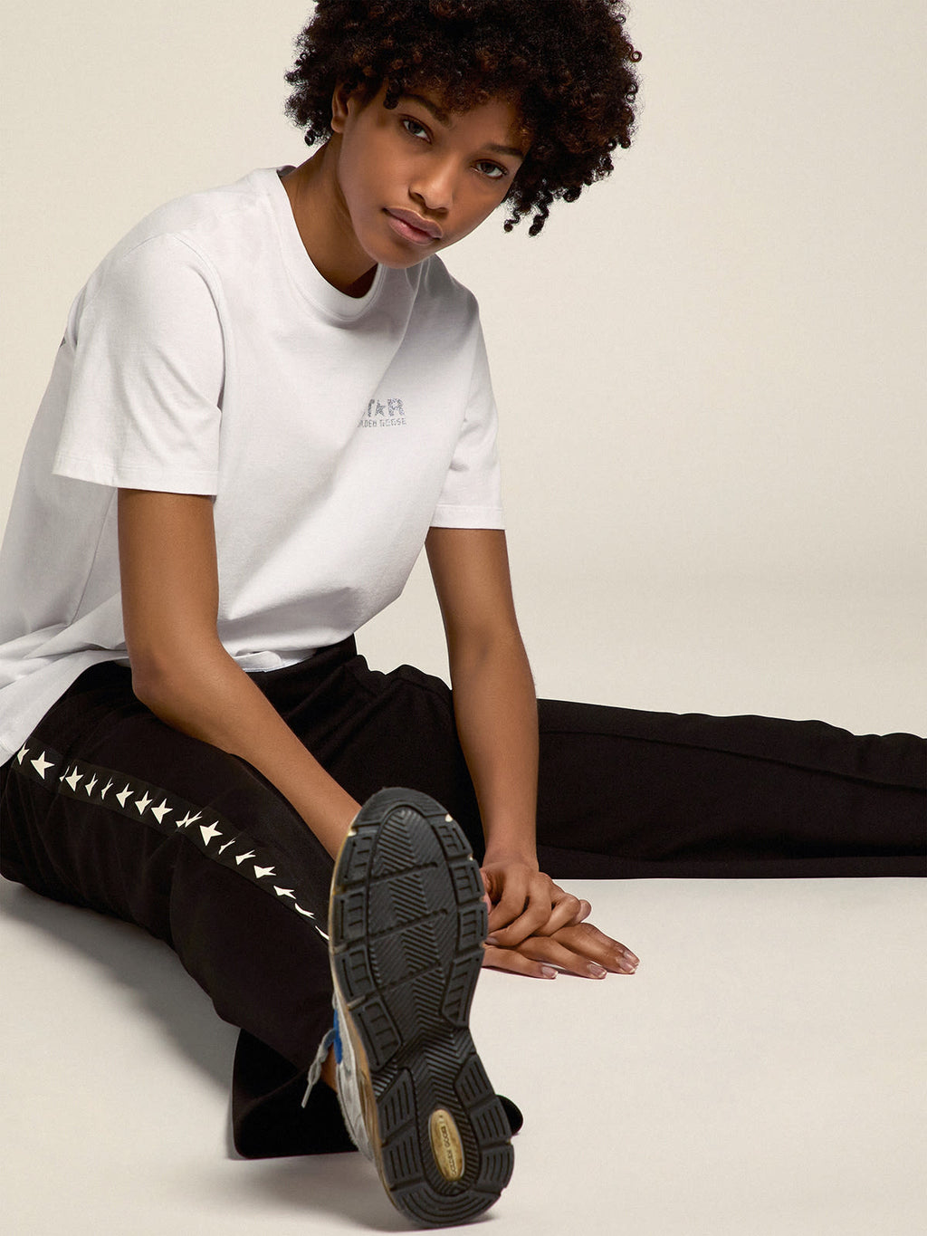 Women's white T-shirt with silver glitter logo and star| Golden Goose