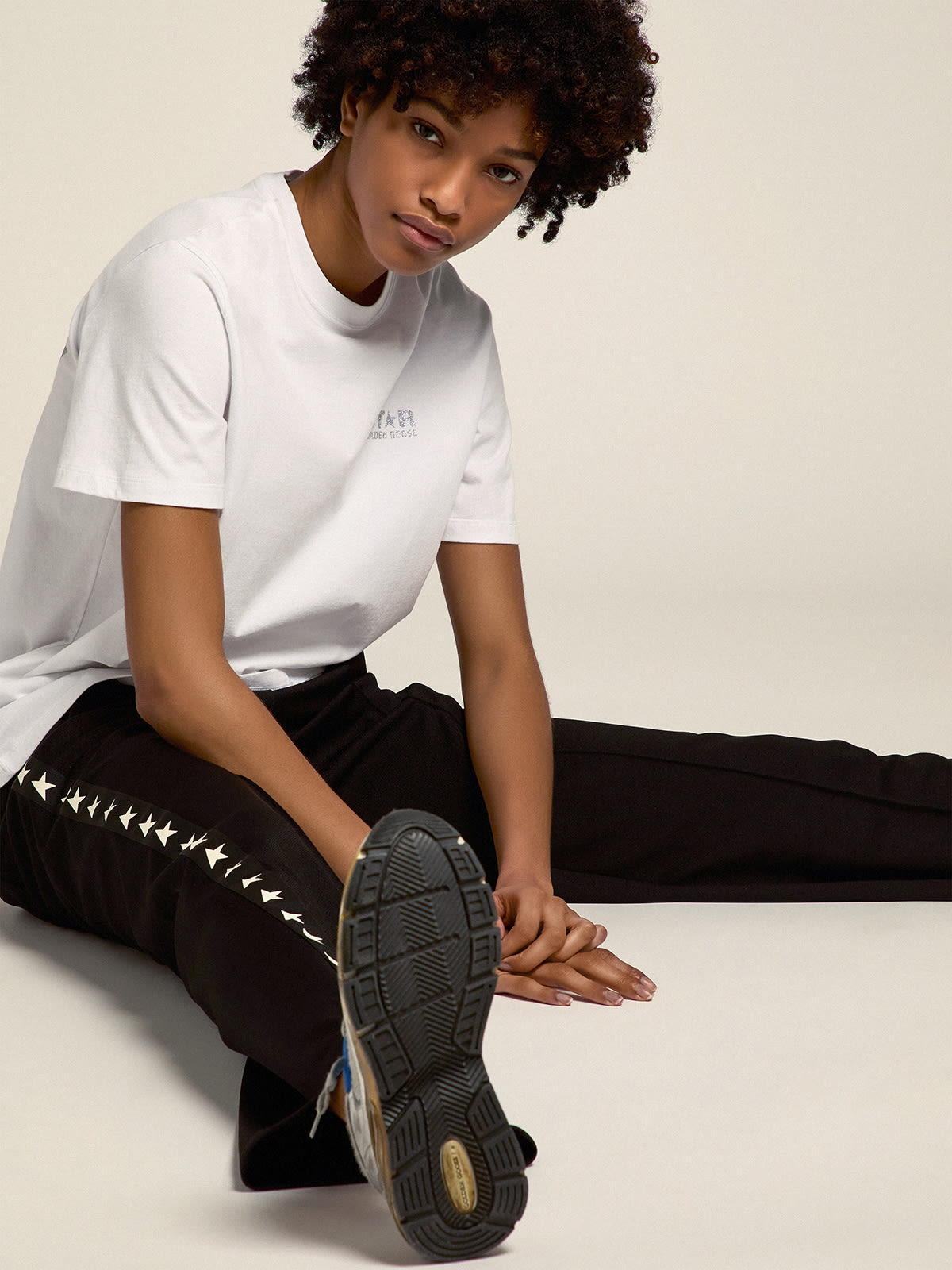 Women's white T-shirt with silver glitter logo and star| Golden Goose