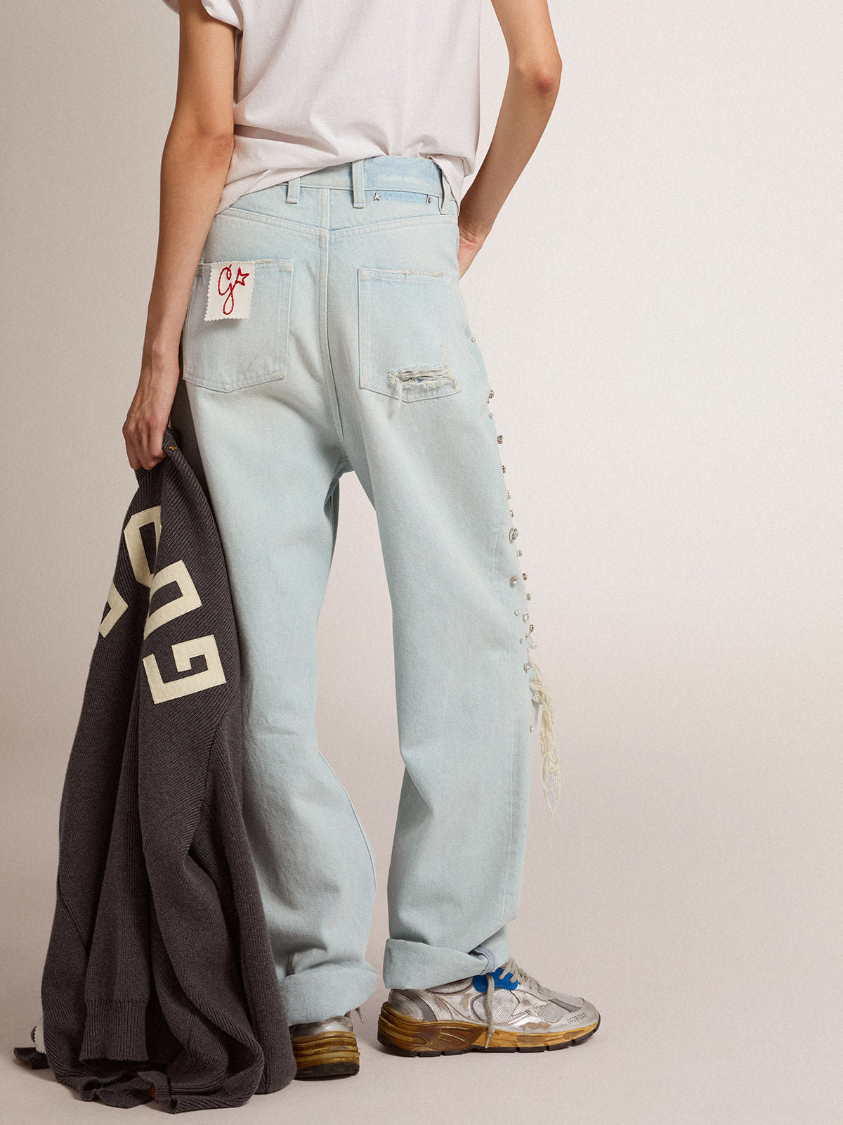 Women's bleached jeans with cabochon crystals| Golden Goose