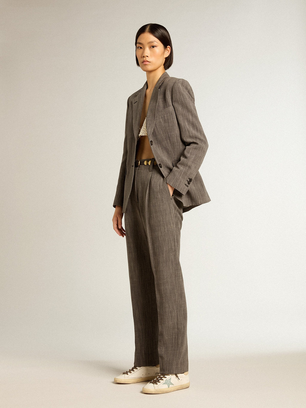 Women's Super-Star with gray glitter star and nude leather heel tab| Golden Goose