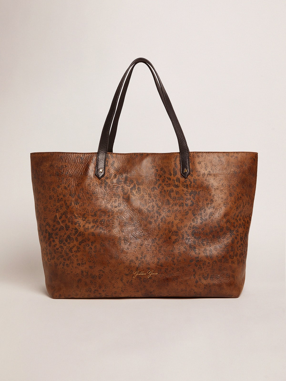 Pasadena Bag in hammered leather with leopard print and contrasting black handles| Golden Goose