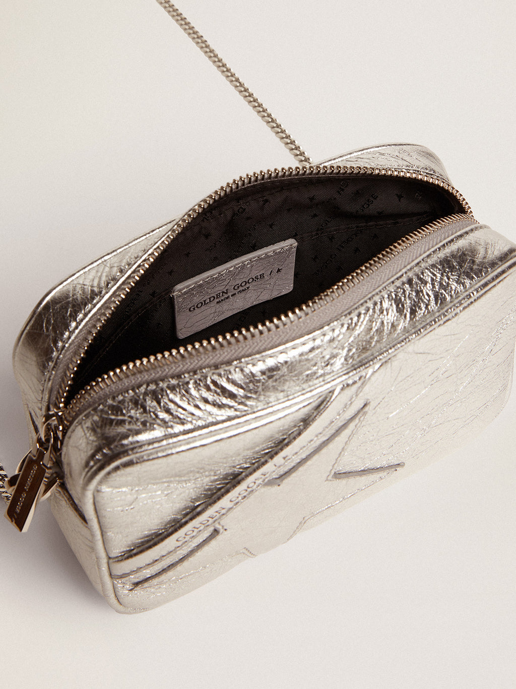 Women's Mini Star Bag in silver laminated leather with tone-on-tone star| Golden Goose