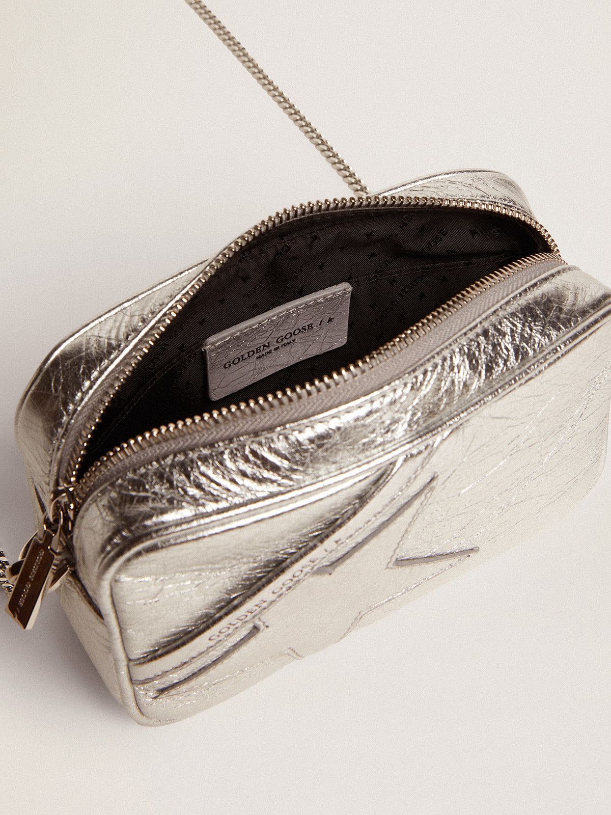 Women's Mini Star Bag in silver laminated leather with tone-on-tone star| Golden Goose