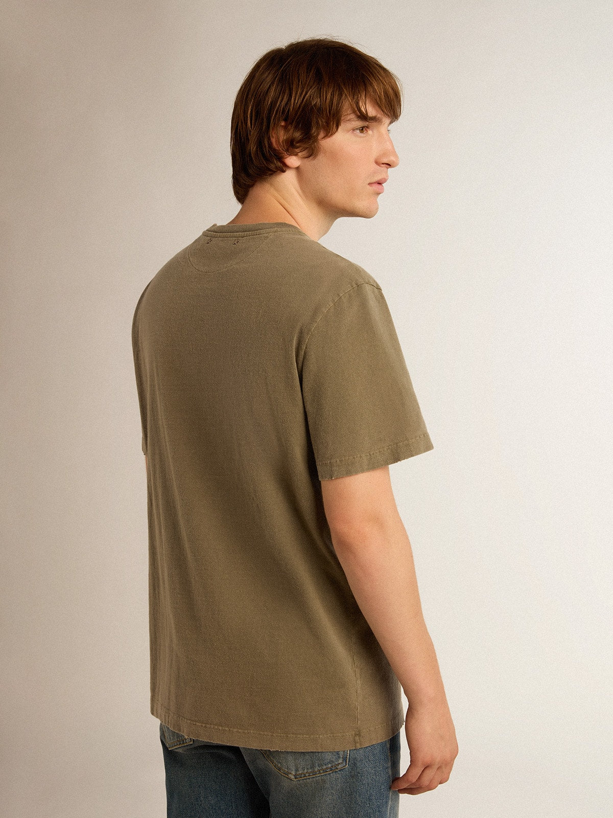 Men's olive green T-shirt with Golden lettering| Golden Goose
