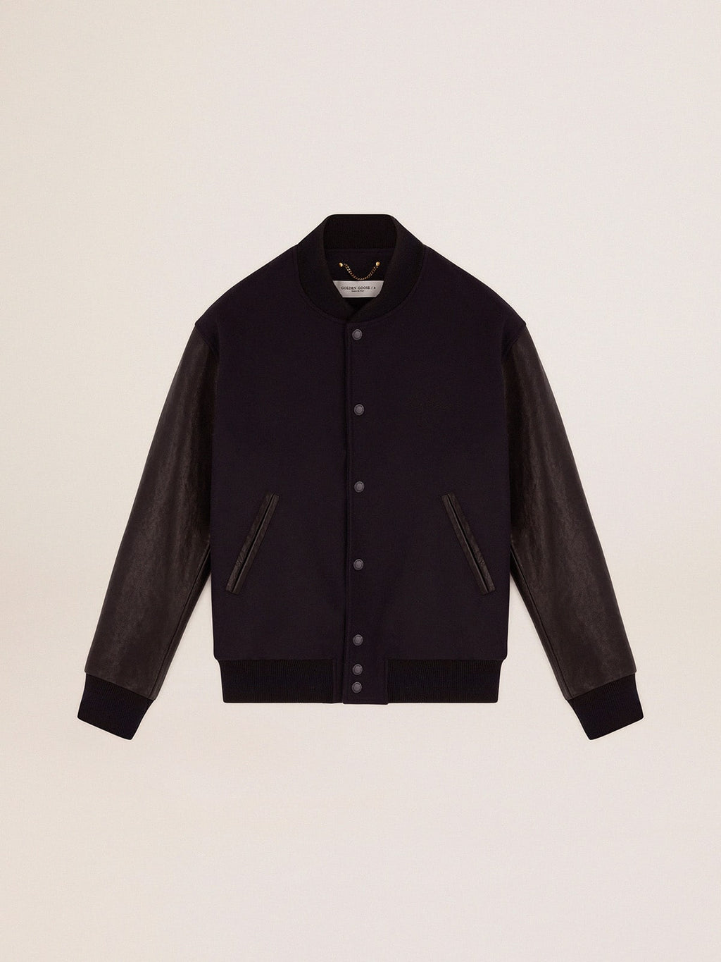 Men's bomber jacker in blue wool and black leather| Golden Goose