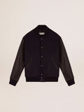 Men's bomber jacker in blue wool and black leather| Golden Goose