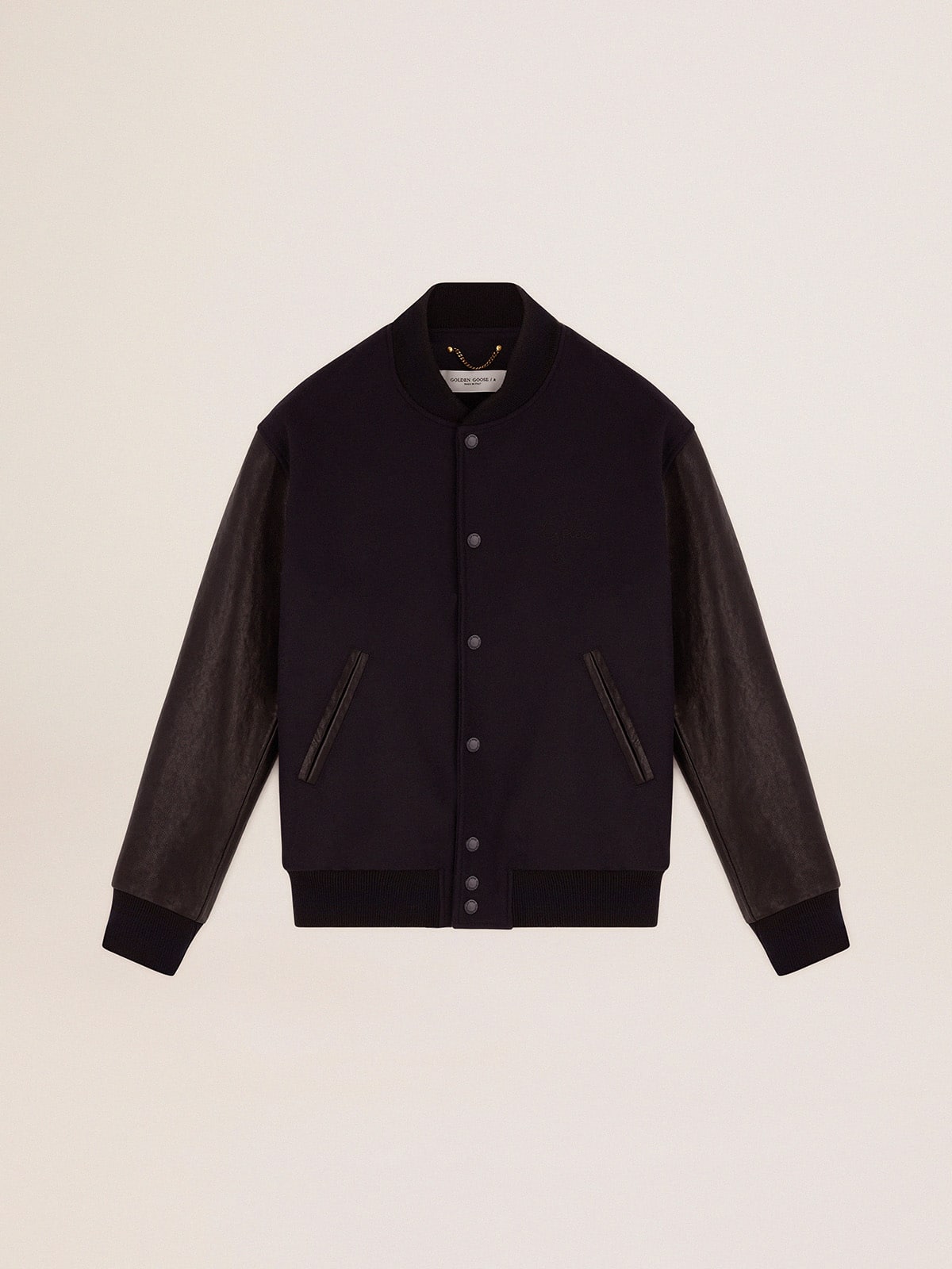 Men's bomber jacker in blue wool and black leather| Golden Goose