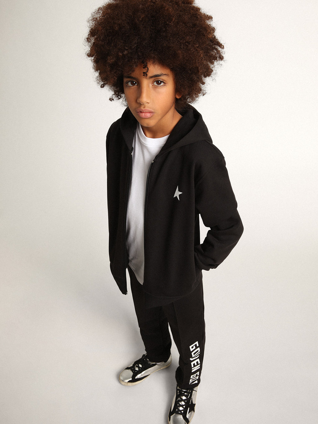 Black hooded sweatshirt with contrasting white star and logo| Golden Goose