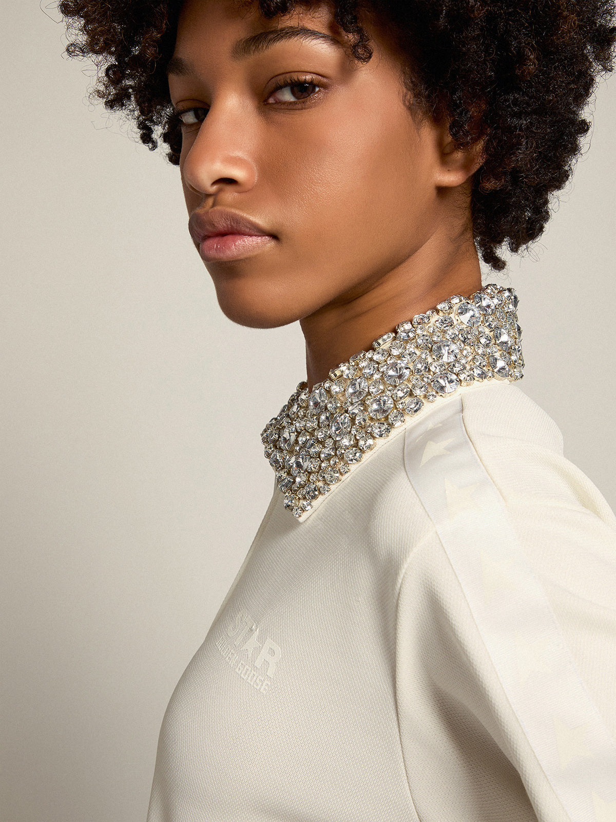 Papyrus white Denise Star Collection zipped sweatshirt with crystal collar| Golden Goose