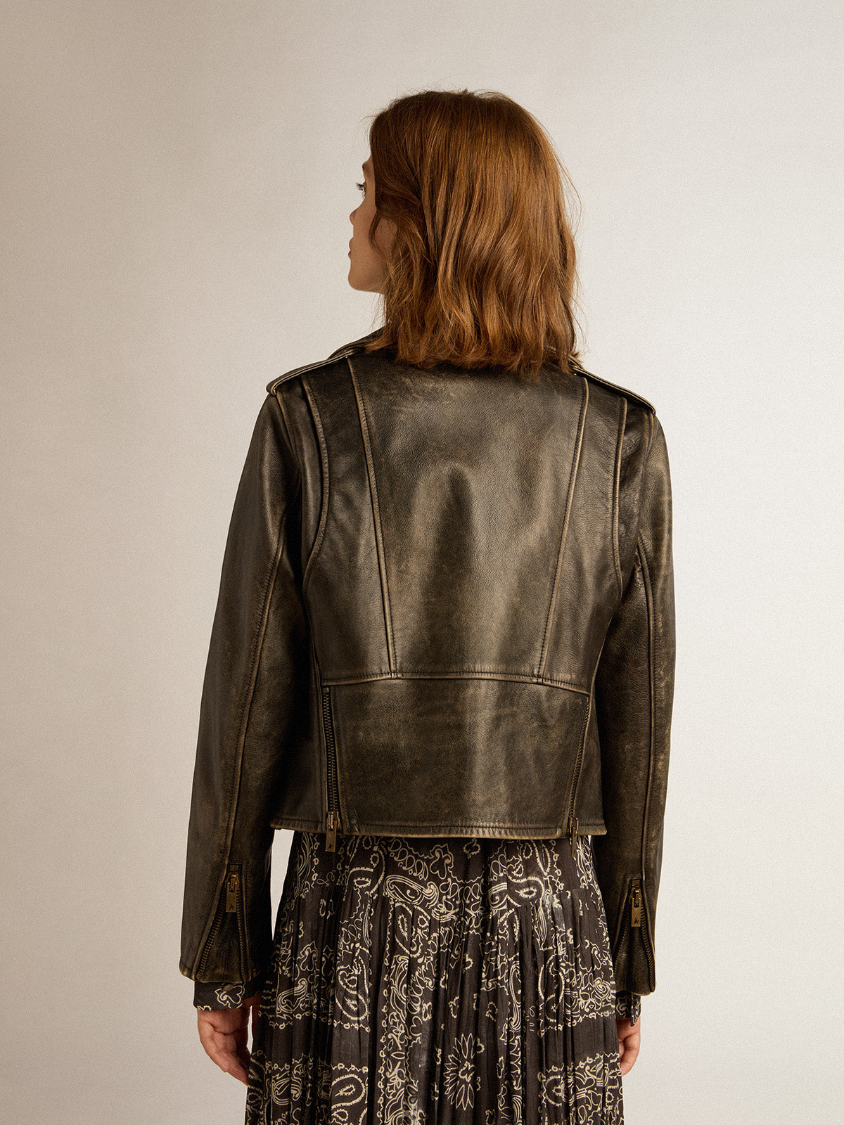 Women's black leather biker jacket| Golden Goose