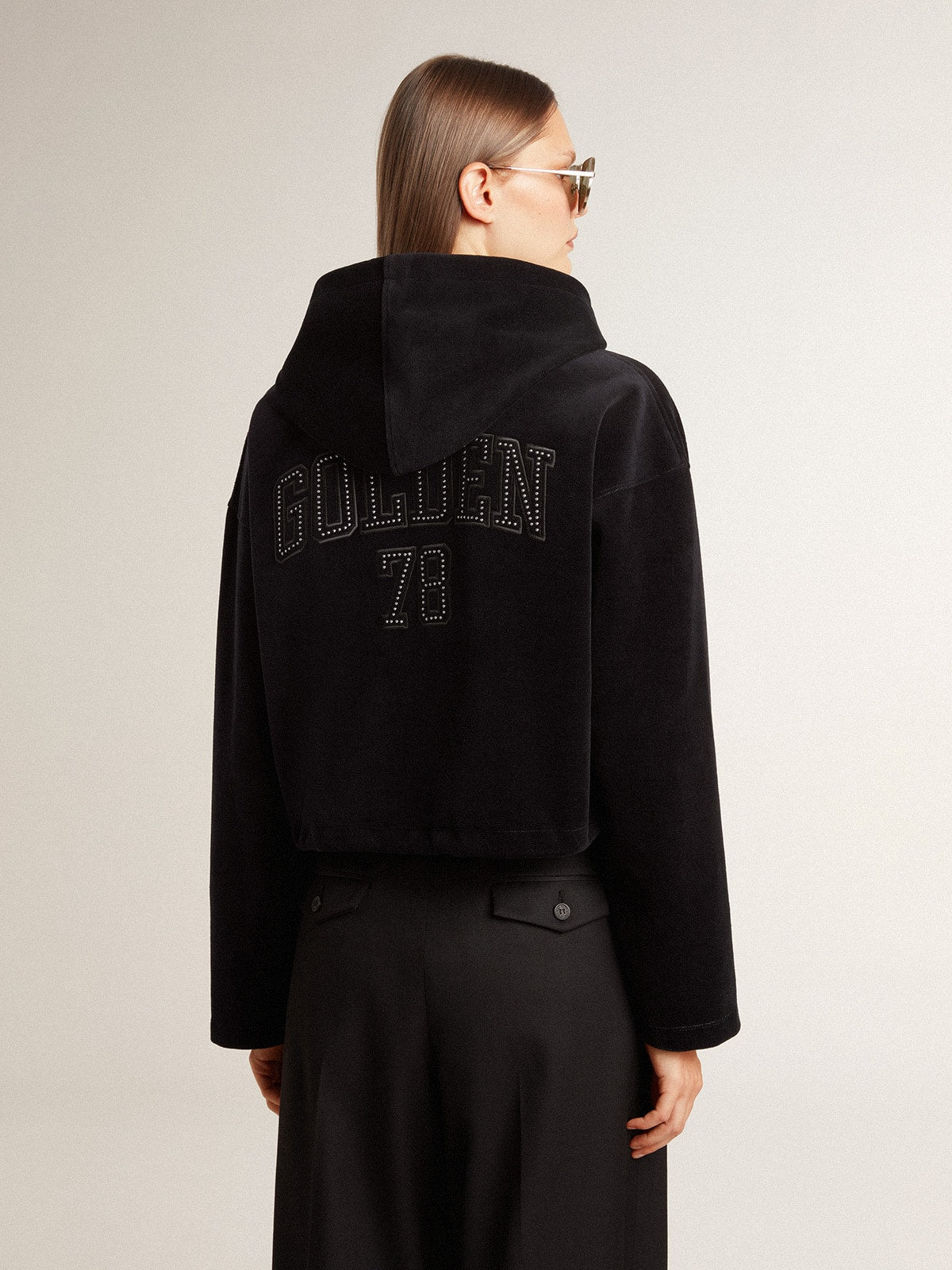 Women's black chenille sweatshirt with embroidery on the back| Golden Goose