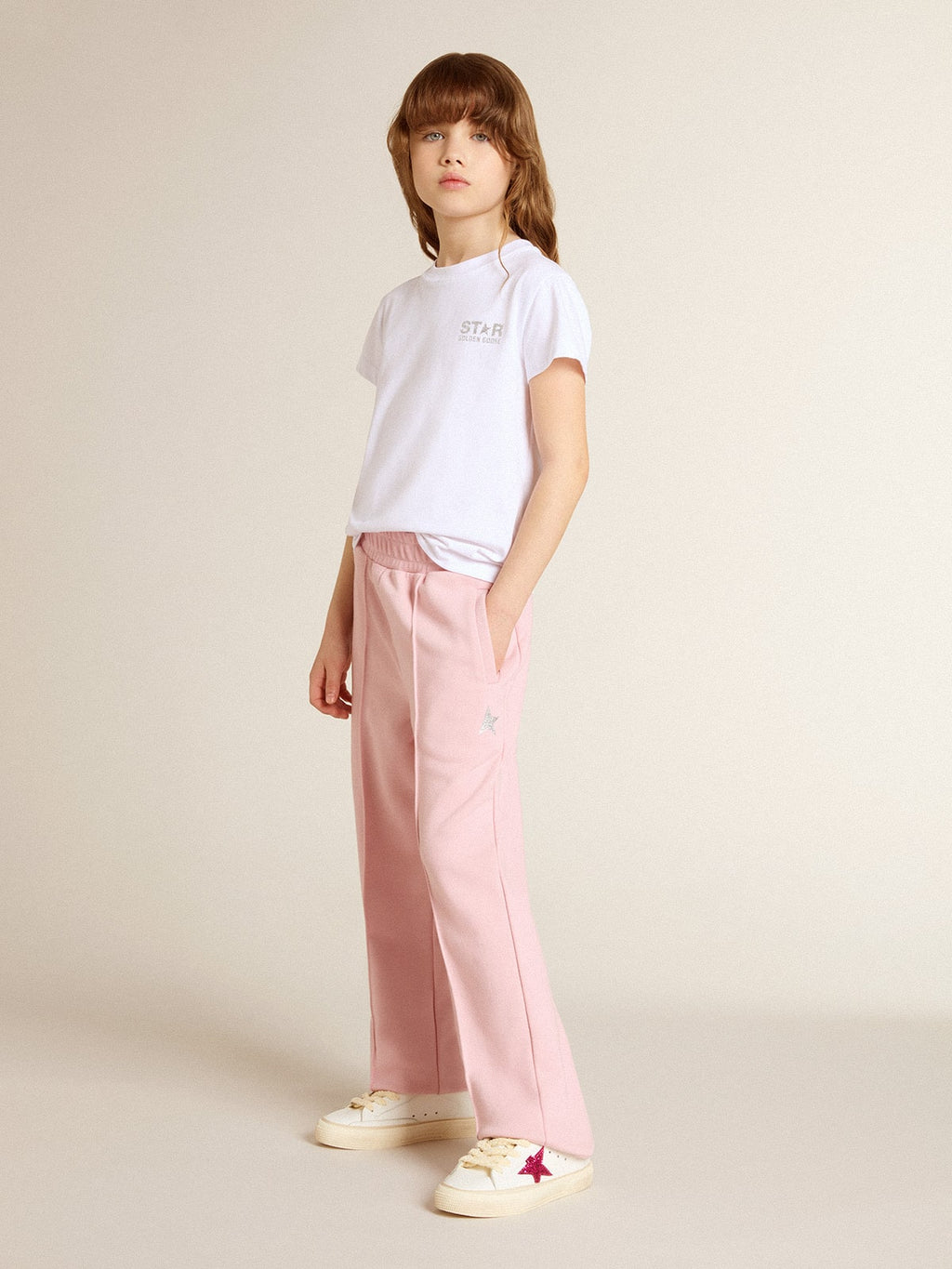 Pink joggers with glitter star on the front| Golden Goose