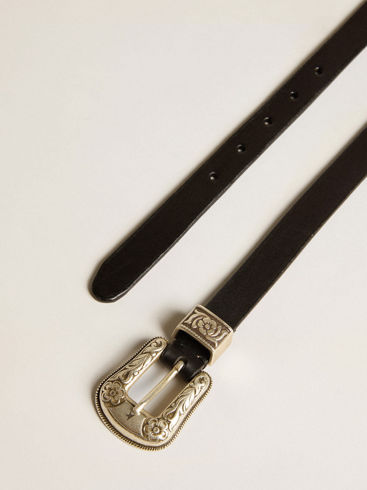 Black belt in washed leather with silver color buckle| Golden Goose