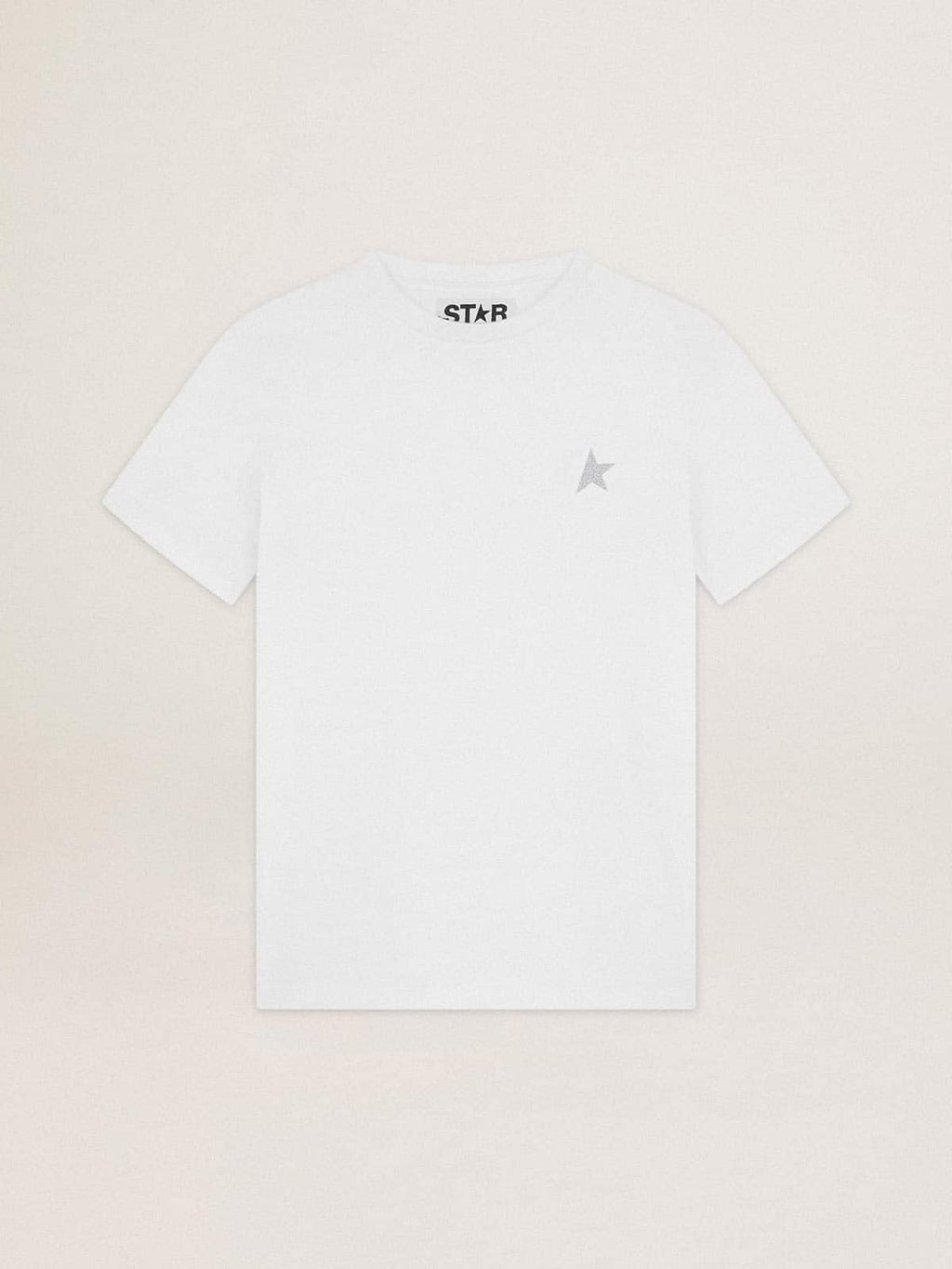 Women's white T-shirt with silver glitter star on the front| Golden Goose