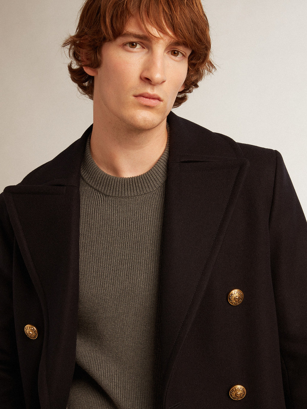 Men's double-breasted coat in blue wool with gold buttons| Golden Goose
