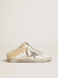 Women's Super-Star Sabot in white leather and shearling lining| Golden Goose