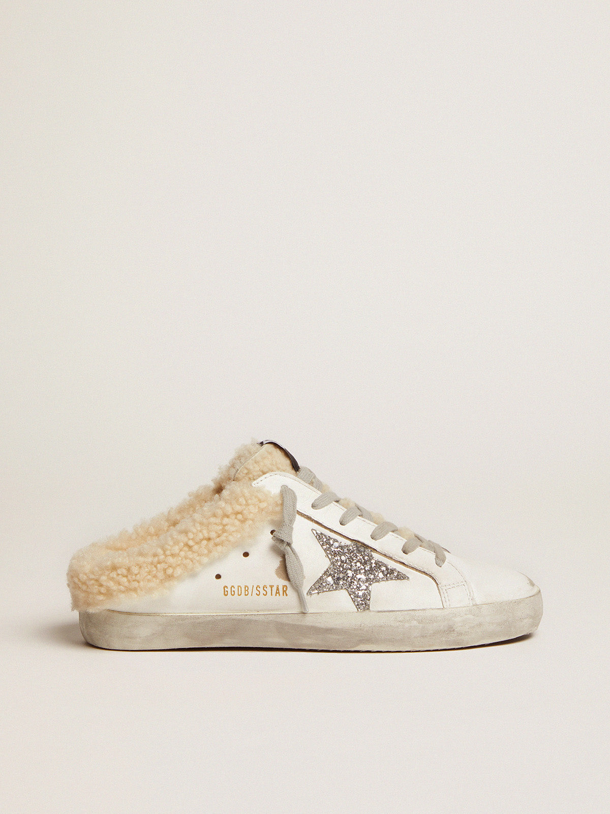 Women's Super-Star Sabot in white leather and shearling lining| Golden Goose