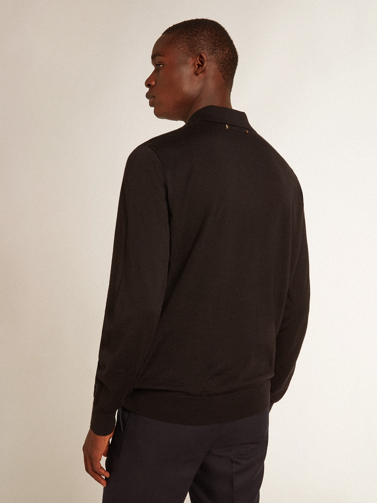 Men's long-sleeved polo shirt in black merino wool| Golden Goose
