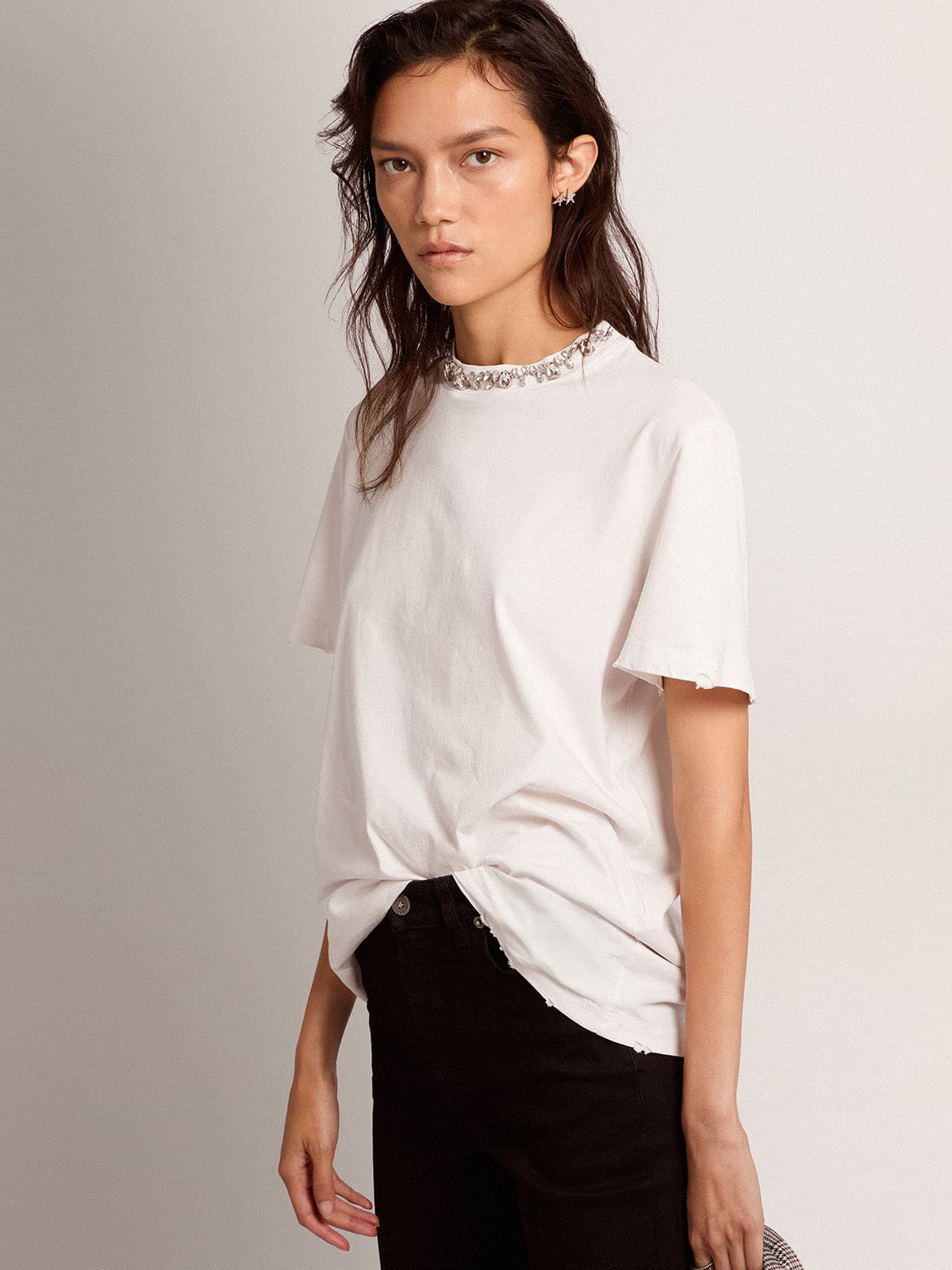 Women's white T-shirt with cabochon crystals| Golden Goose