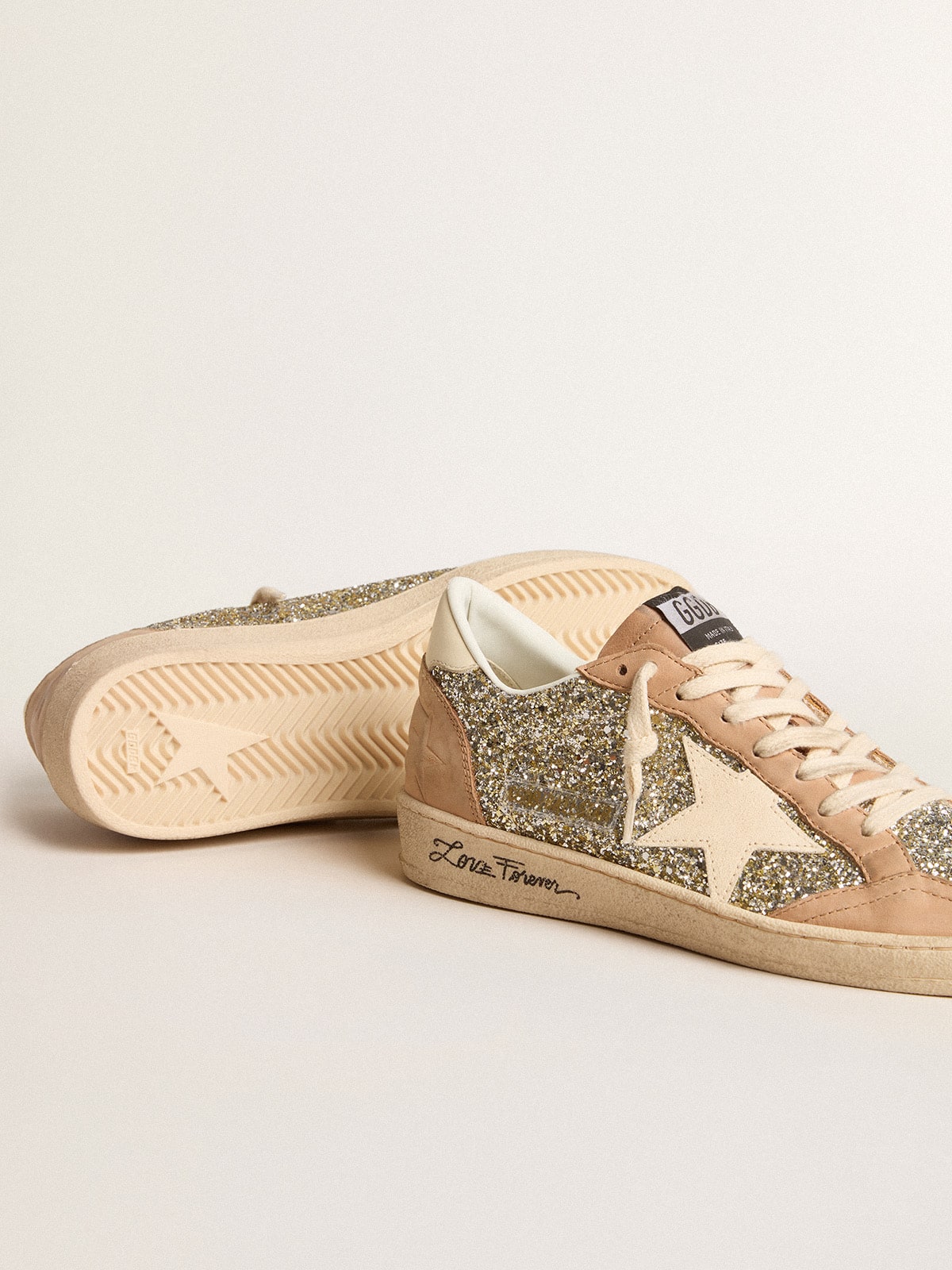 Women's Ball Star in platinum glitter with cream leather star and nubuck toe| Golden Goose