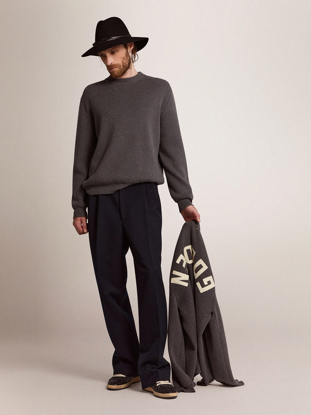 Men's round-neck sweater in dark gray cotton with logo on the back| Golden Goose
