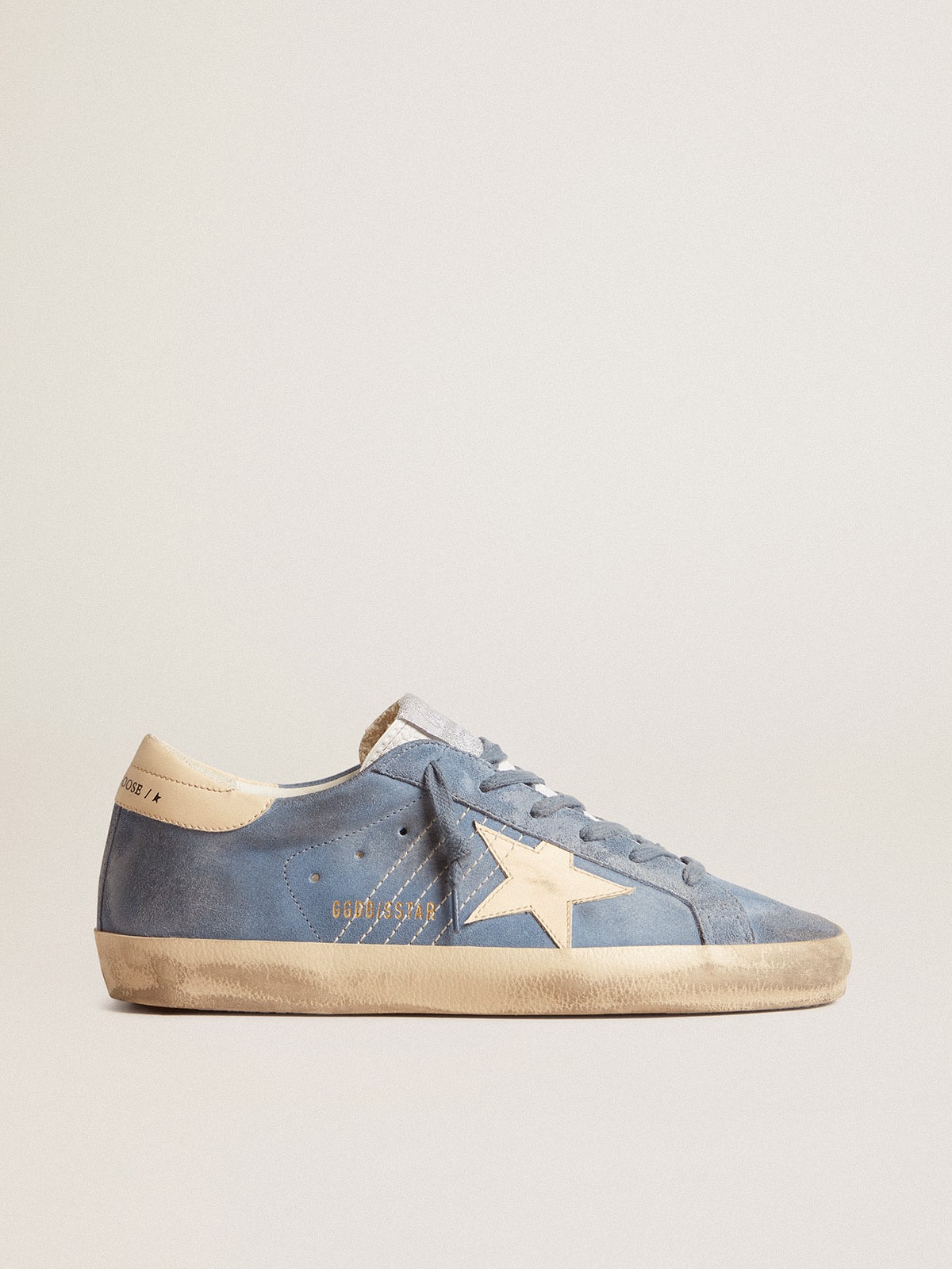 Super-Star in light blue suede with beige leather star and heel tab| Golden Goose