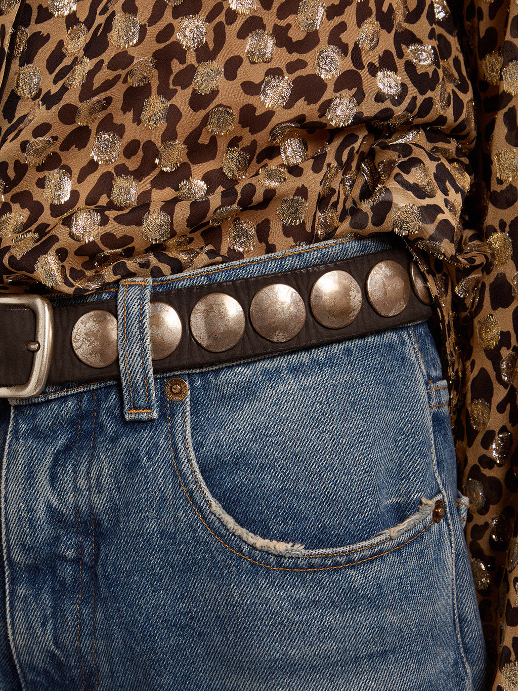 Women's black Trinidad belt in washed leather with silver studs| Golden Goose