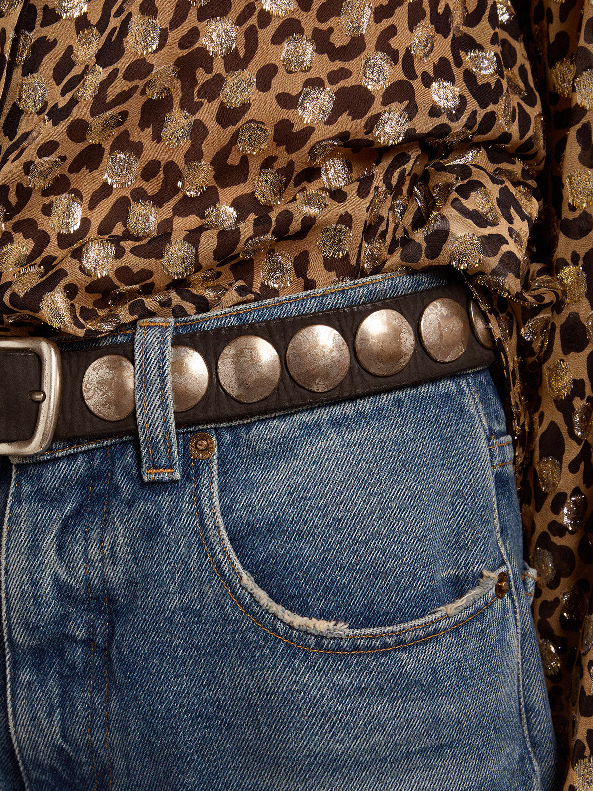 Women's black Trinidad belt in washed leather with silver studs| Golden Goose