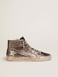 Women's Slide with silver laminated leather upper and studs| Golden Goose