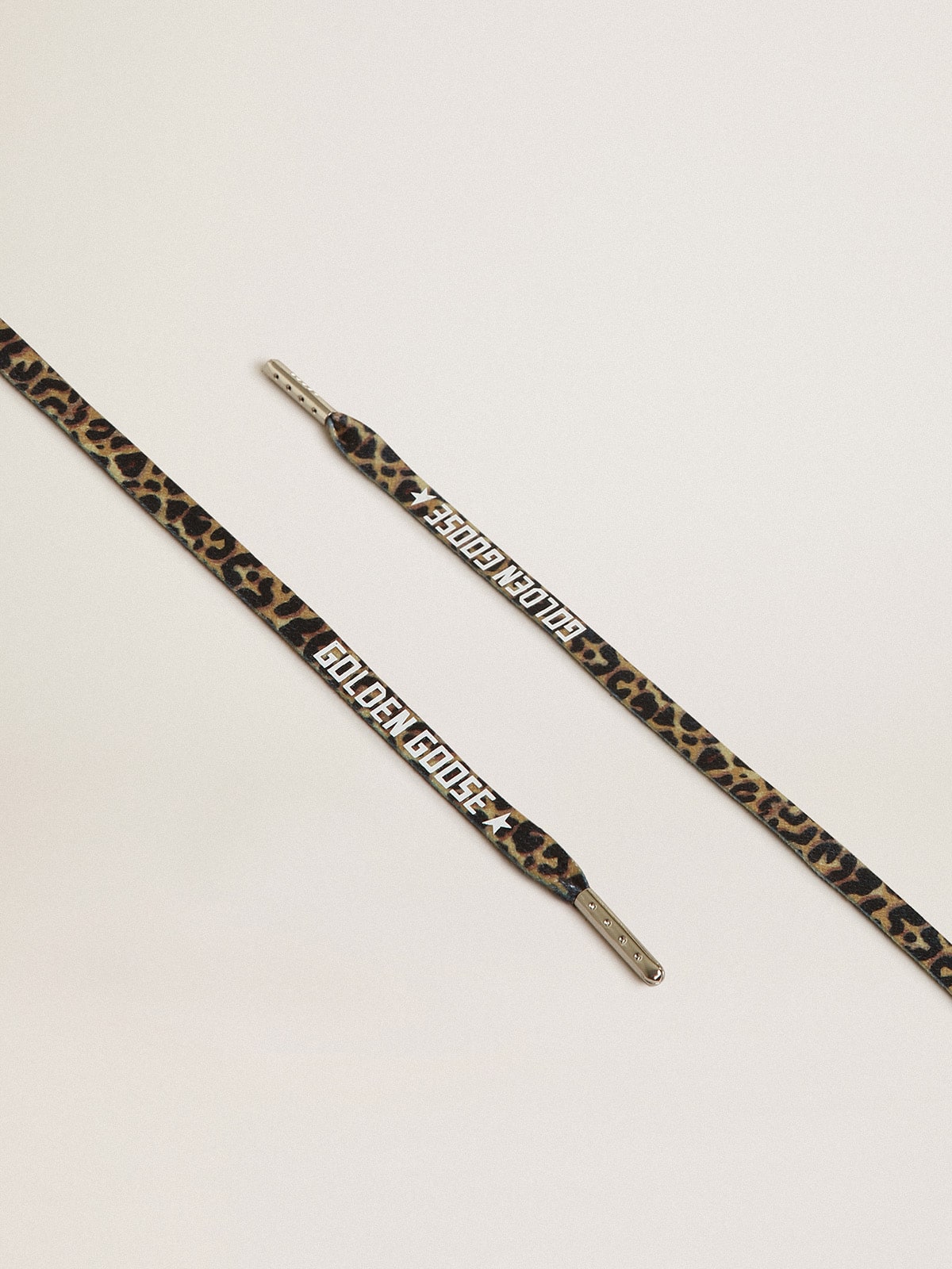 Beige leopard-print laces with contrasting white logo| Golden Goose