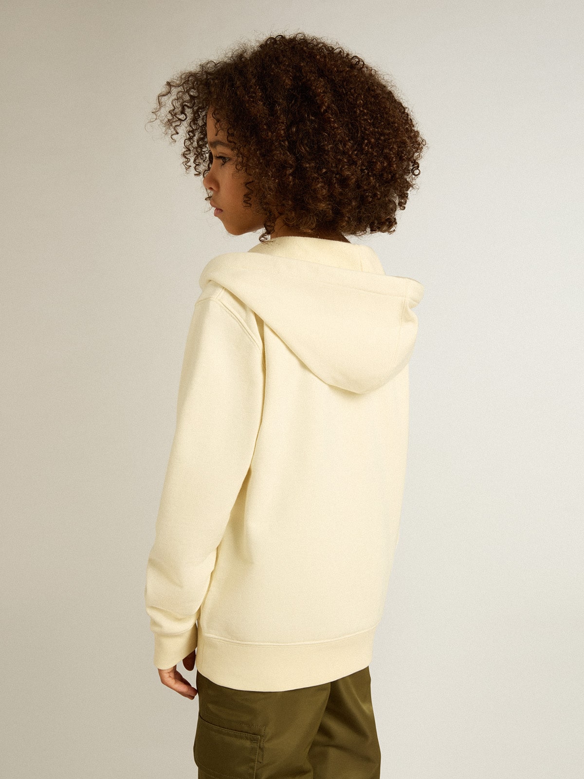 Hooded sweatshirt in worn white with Golden embroidery on the front| Golden Goose