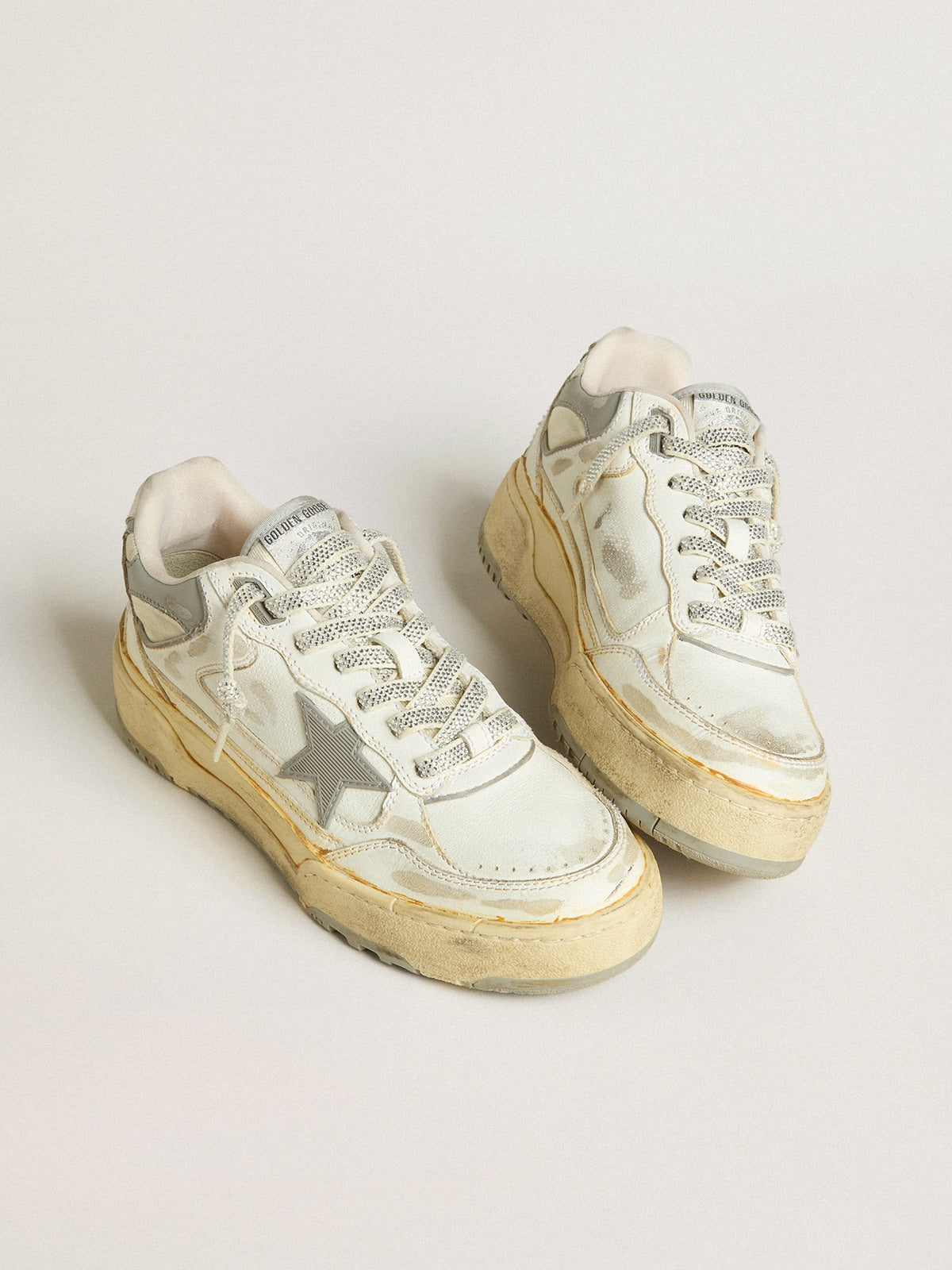 Women's Forty2 in white leather with laces with Swarovski crystals and gray star| Golden Goose